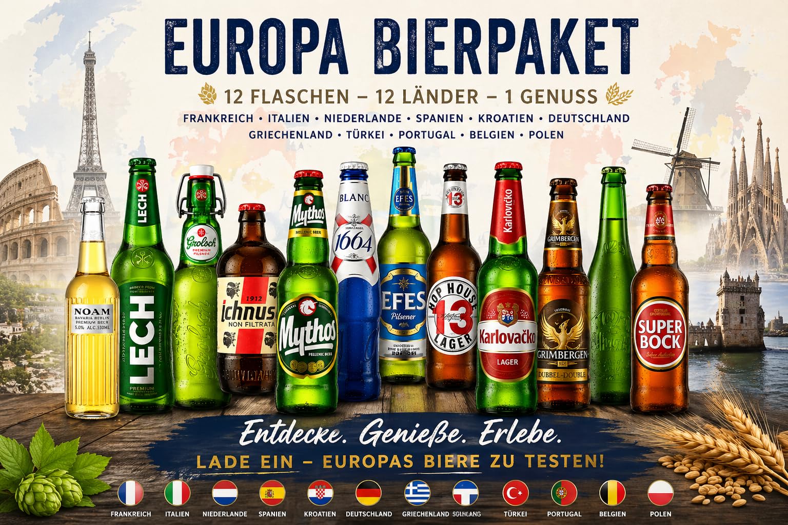 Europa Bier Geschenkset – 12 internationale Biere aus 12 Ländern – Premium Bierbox mit Spezialitäten aus Frankreich, Italien, Spanien, Deutschland & mehr – Bier Tasting Set & Geschenk