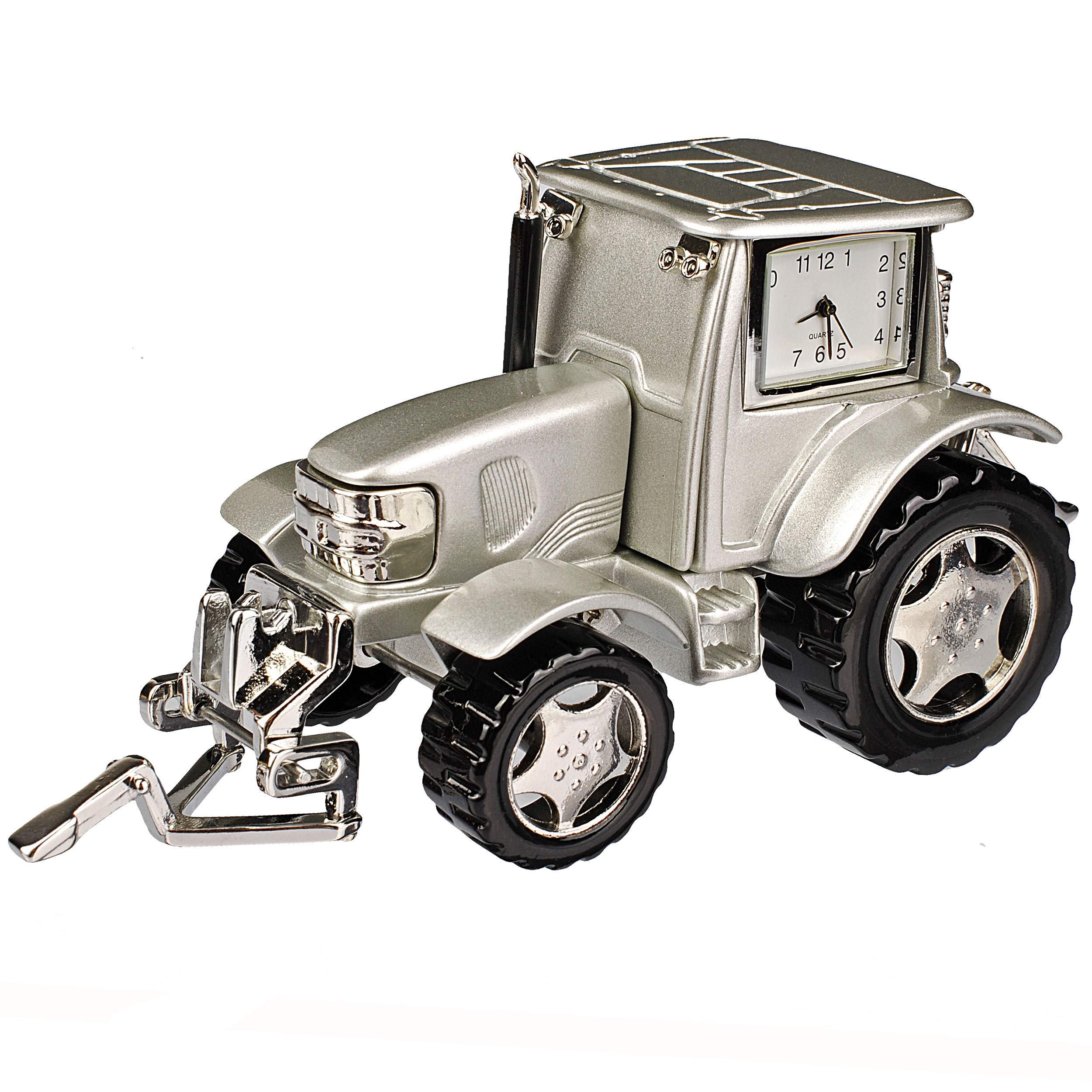 alles-meine.de GmbH kleine - Tischuhr/Miniatur - Uhr - Traktor - Auto - inkl. Name - aus Metall - 12,5 cm - batteriebetrieben - Analog - Batterie - Silber - grau - Zahlen Stehu..