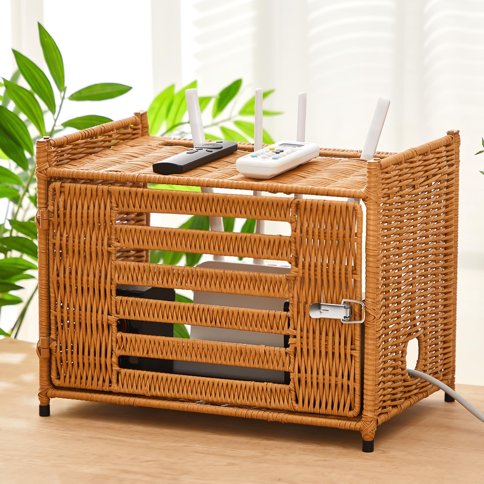 Novabright Rattan Router Box Hider, Wi-Fi Shelf, Plastic Rattan, Brown