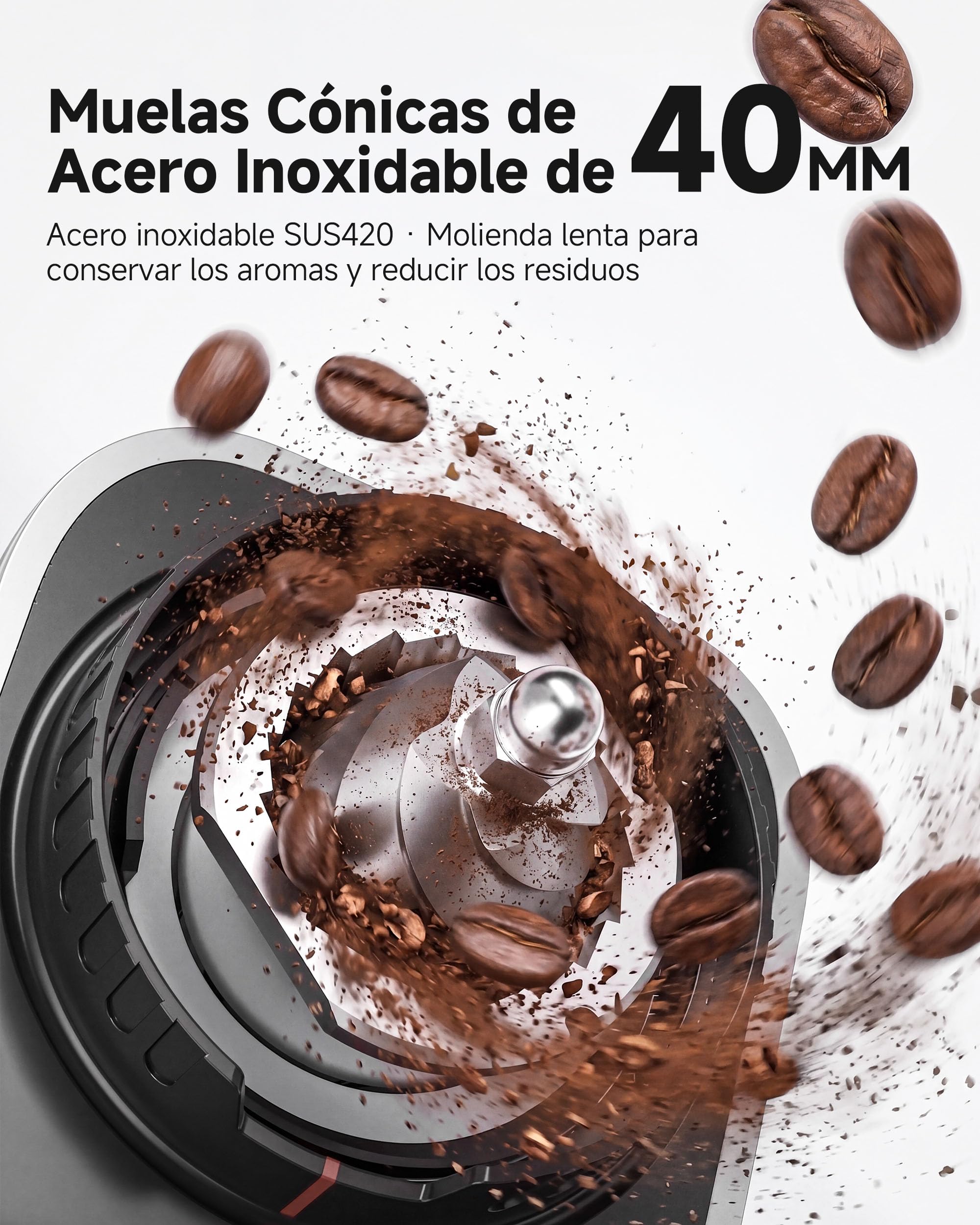 AAOBOSI Molinillo de Café Eléctrico, 45 Niveles, Muelas Cónicas de Acero | Sistema Antiestático Plasma, memoria, tiempo/tazas programables, depósito de 300 g, para espresso y café filtrado