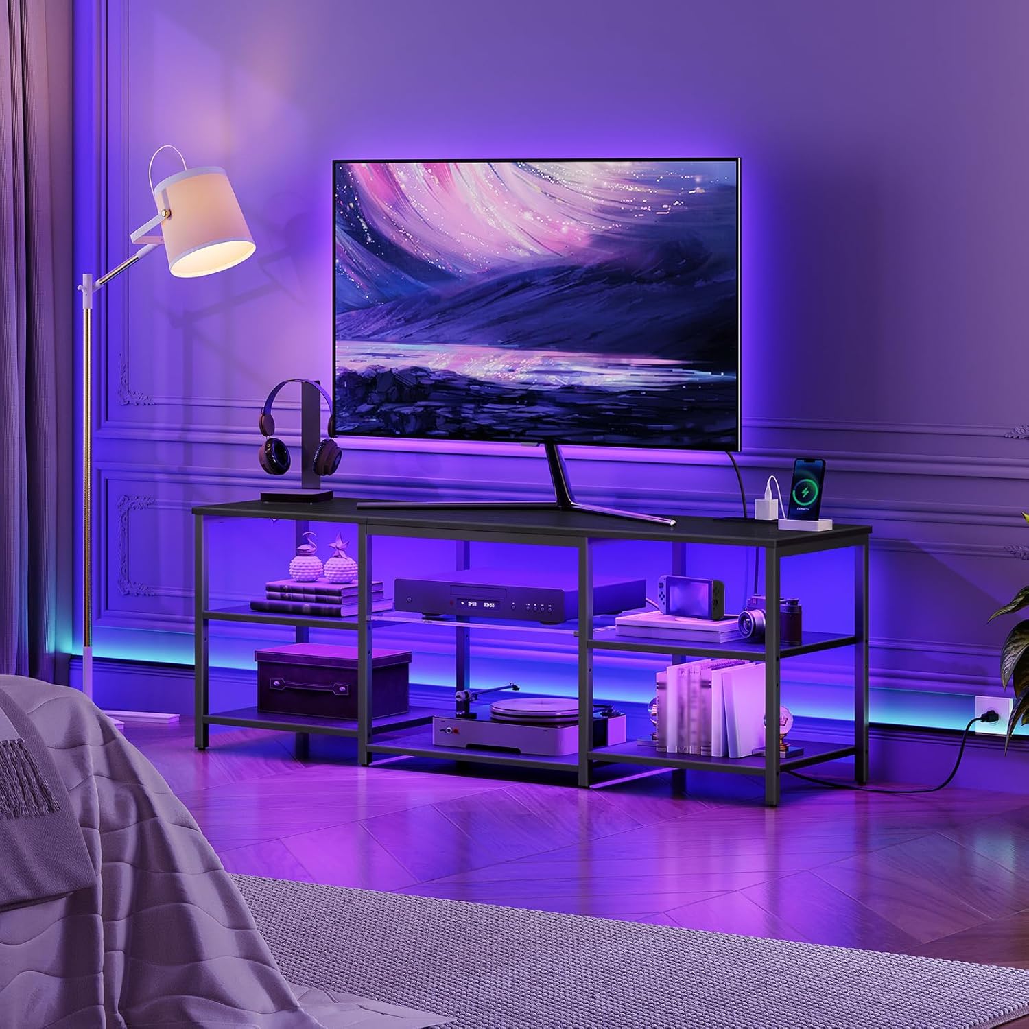 HOOBRO LED TV Stand for 65 Inch TVs with Charging Station, Gaming Entertainment Center with 3-Tier Open Storage, Long Media TV Console Table, TV Stand for Living Room, Bedroom, Black BB20UDDS01 - Image 2