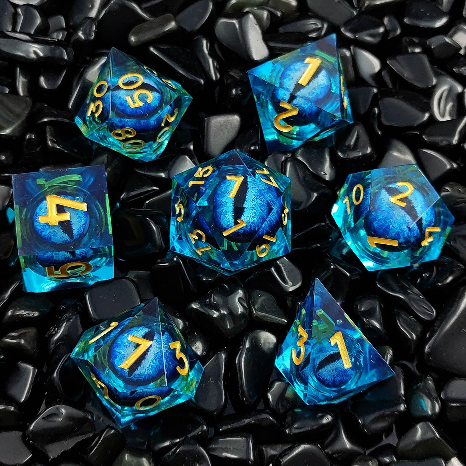 ORUZA 7 Stück Drachenauge Polyedrische Harz Spielwürfel DND Würfel Set D&D Würfel für Dungeons and Dragons RPG MTG Pathfinder Rollenspiel D4 D6 D8 D10 D% D12 D20