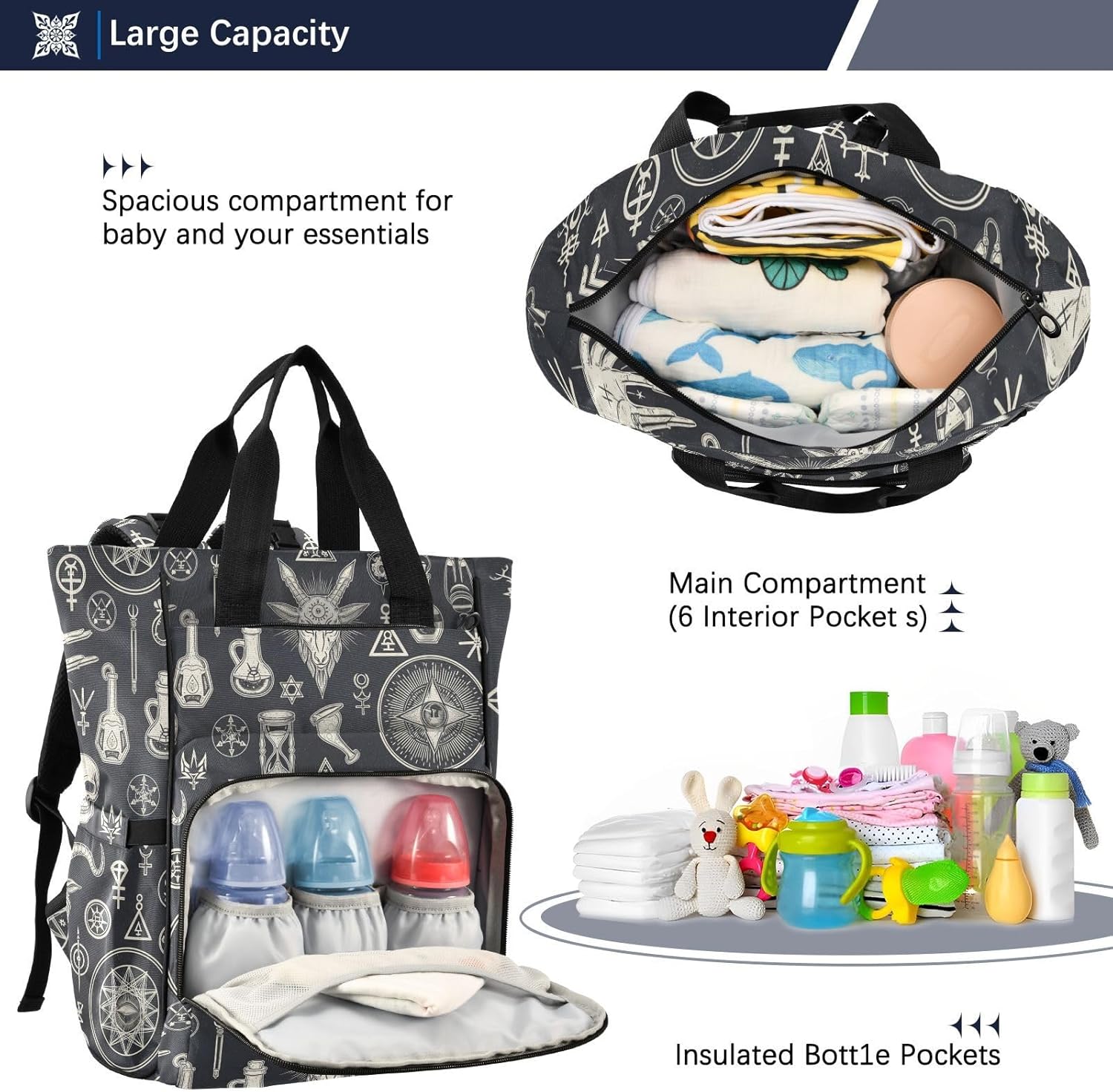 SPRIPORT Gothic Skull Black Pattern Diaper Bag Backpack for Baby Boys Girls Multifunction Baby Essentials Travel Tote with Stroller Straps & Bottle Storage Large Travel Diaper Backpack for Baby Gifts