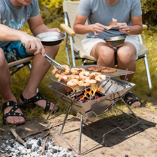 Miniatura 2 de Lineslife Fogata plegable con parrilla para camping, hoguera portátil plegable con parrilla de fogata y bolsa de mano para patio trasero, patio,