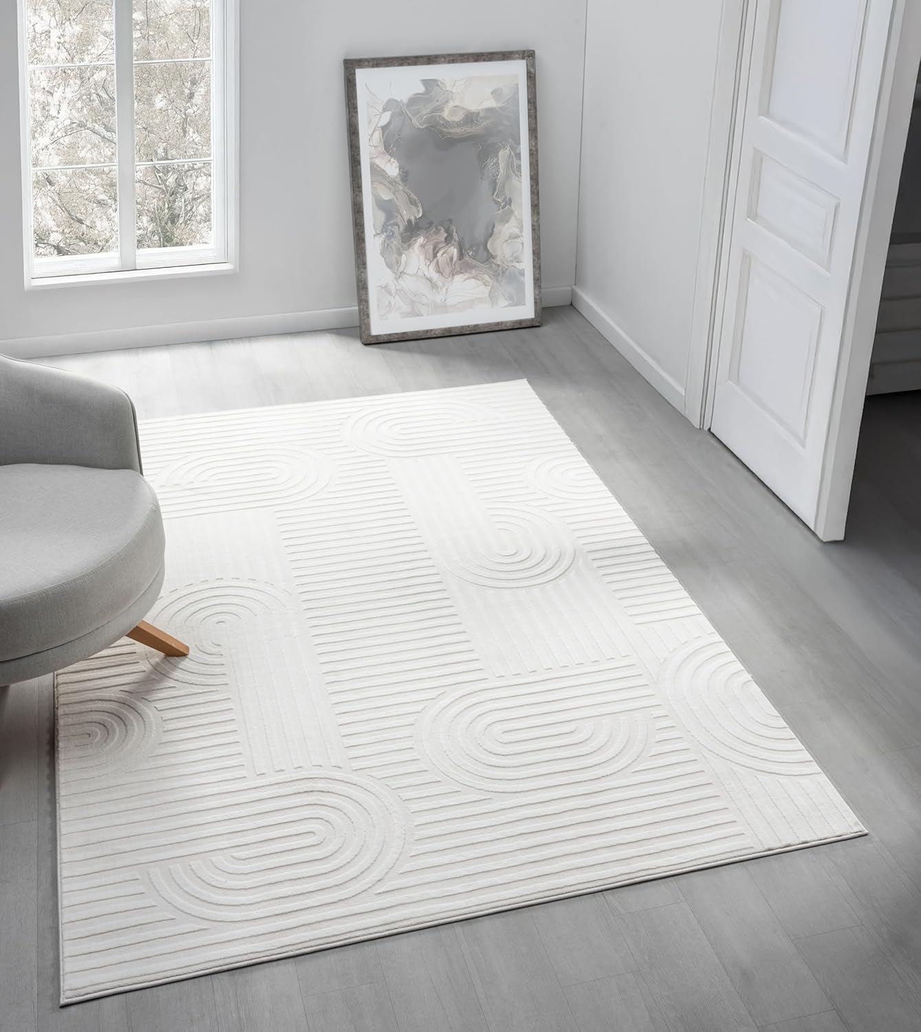 Annabel Modern Geometric Area Rug for Living Room, 4x6 Contemporary Arched Linear Cream Neutral Rug, Stain Resistant Non-Shedding Carpet for Bedroom, Dining Room or Kitchen (4' x 6', Cream) 1004 - Cream 4' x 6' (Rectangular)