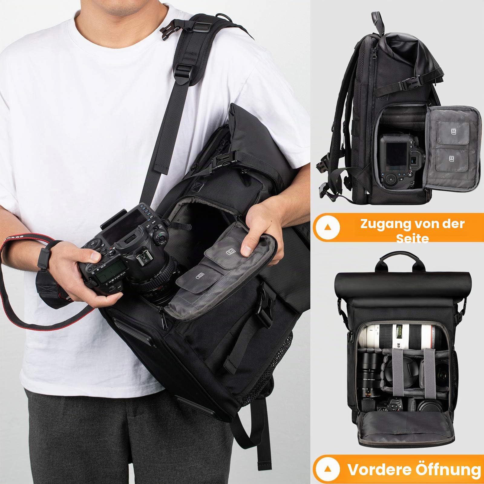 TARION Kamerarucksack Wasserdicht Fotorucksack Kameratasche DSLR Rucksack mit 15,6 Zoll Laptophülle und Regenschutzhülle(SP-01-Schwarz)