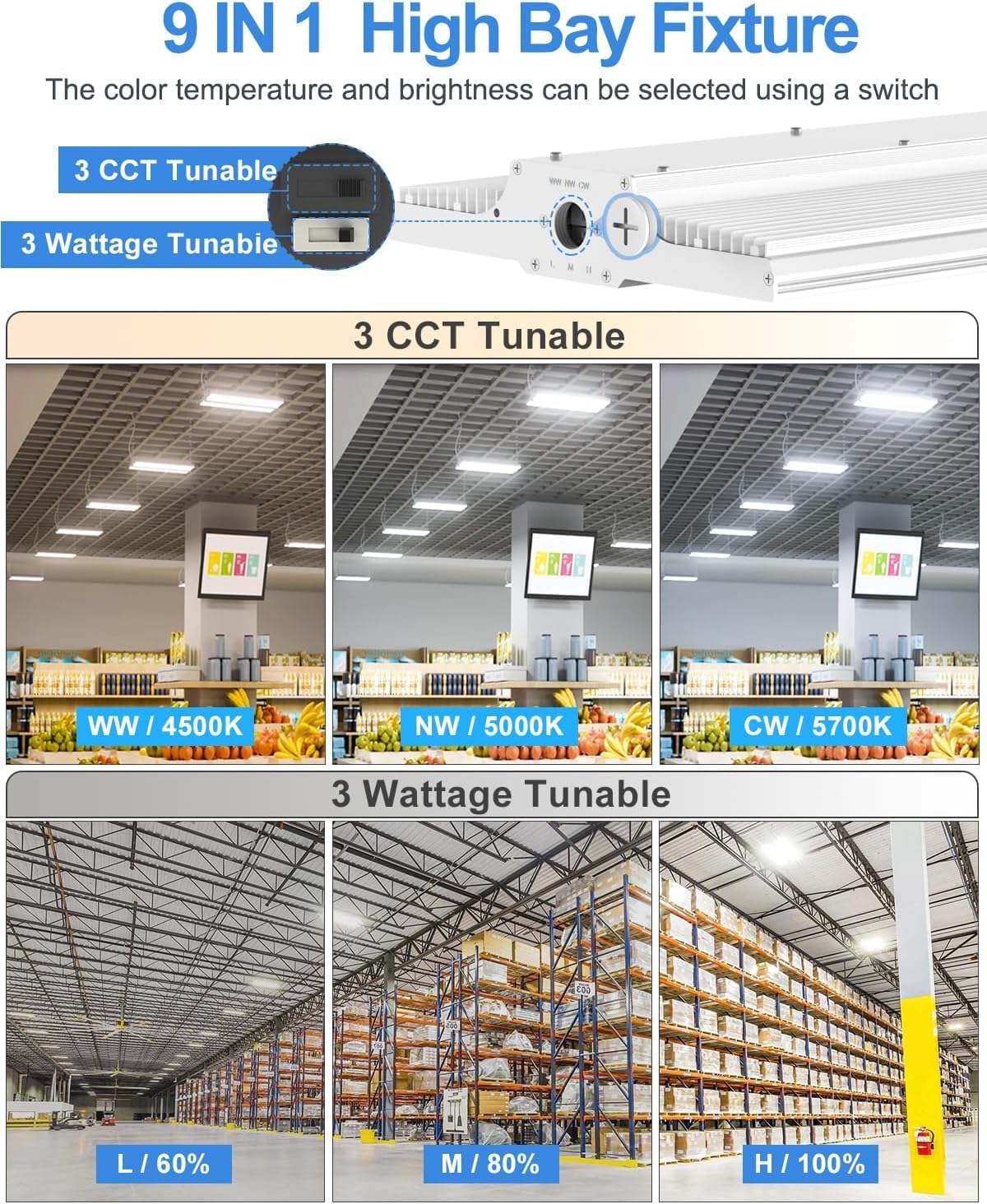 ADUB LED Linear High Bay Light, 300W/240W/180W Adjustable, 1.9FT 45,000LM, 4500K/5000K/5700K Selectable, UL Listed, 100-277V Commercial Shop Light for Warehouse, Garage & Workshop