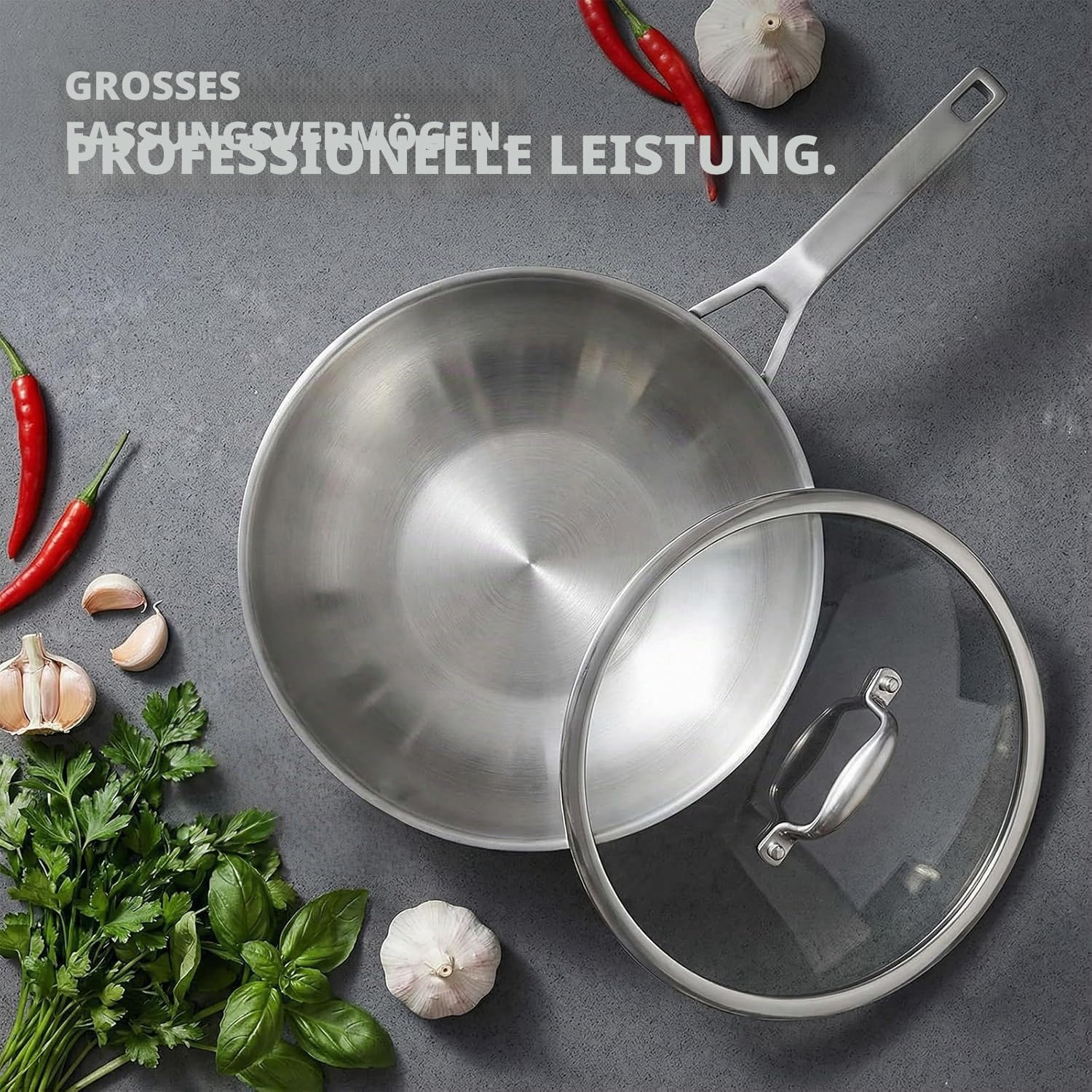 Inqibee Wokpfanne Edelstahl 32 cm mit Deckel | Unbeschichtete Wok Pfanne für Induktion & Gasherd, Edelstahlpfanne ohne Beschichtung, Stainless Steel Wok, genieteter Griff