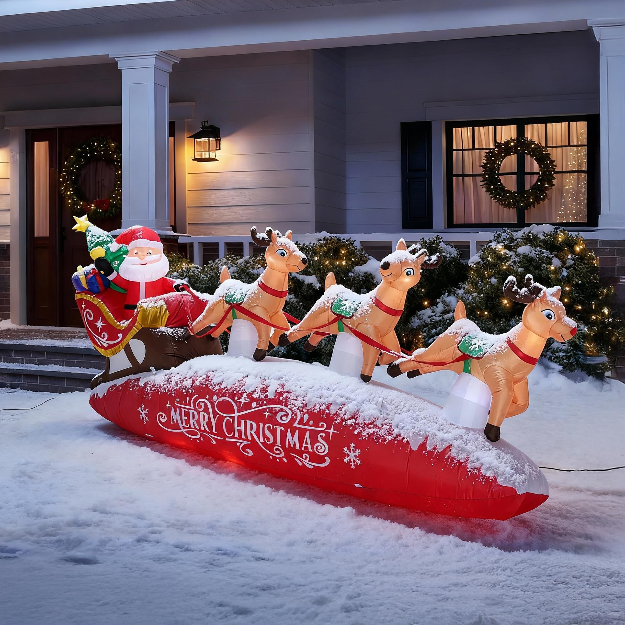 Funflatable Traîneau du Père Noël avec renne gonflables - Décorations d'extérieur gonflables pour jardin, pelouse, décoration de Noël (rouge)