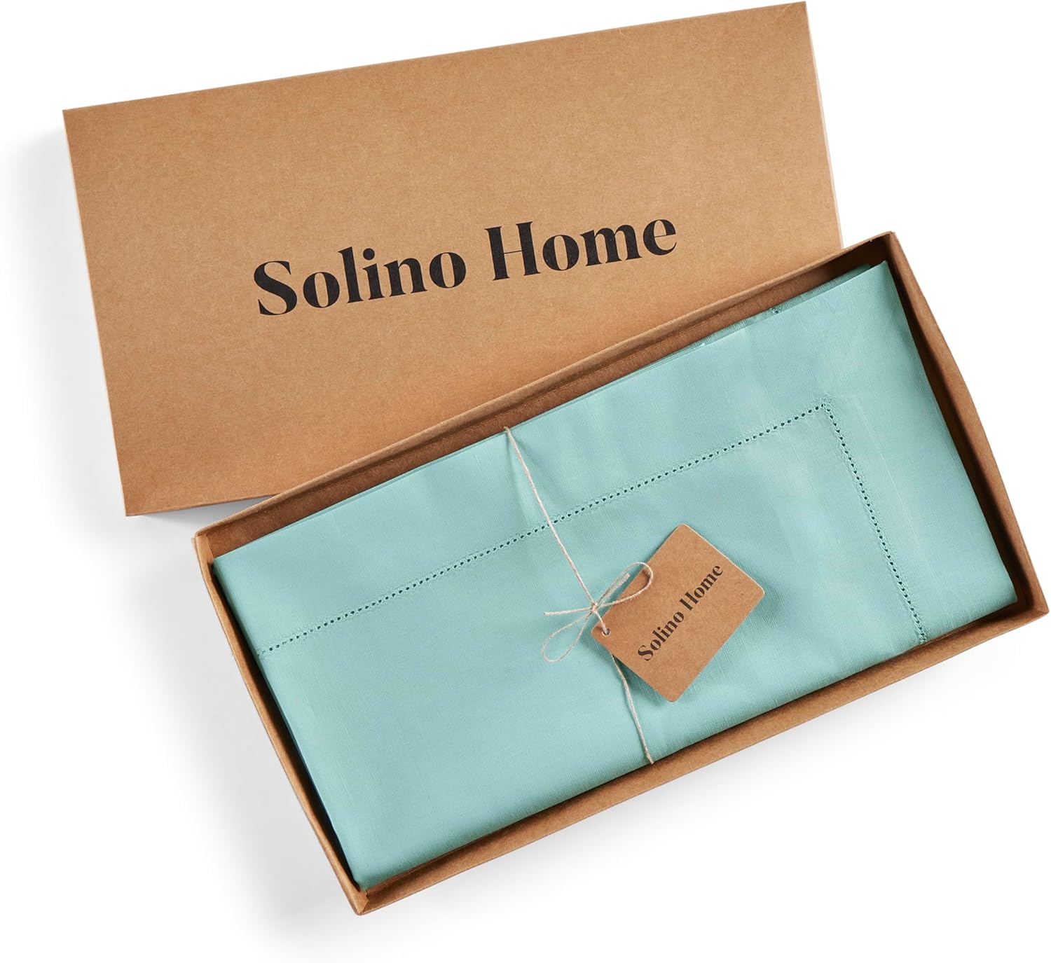 Solino Home Cotton Linen Table Runner 90 Inches Long - Hemstitch Pastel Turquoise Dining Table Runner 14 x 90 Inch for Spring, Easter, Mothers Day