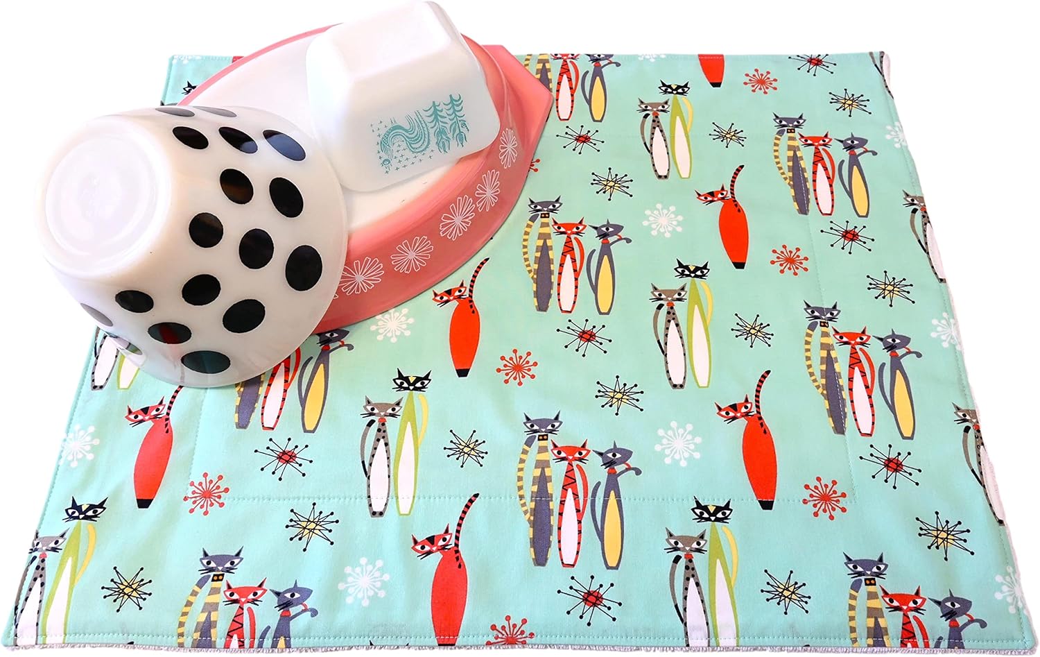 Mid Century Modern Dish Drying Mat - Coffee Station Mat - Pet Placemat - Appliance Mat - Atomic Cats & Starbursts on Aqua - 16x20 Inches - Handmade by Green Acorn Kitchen