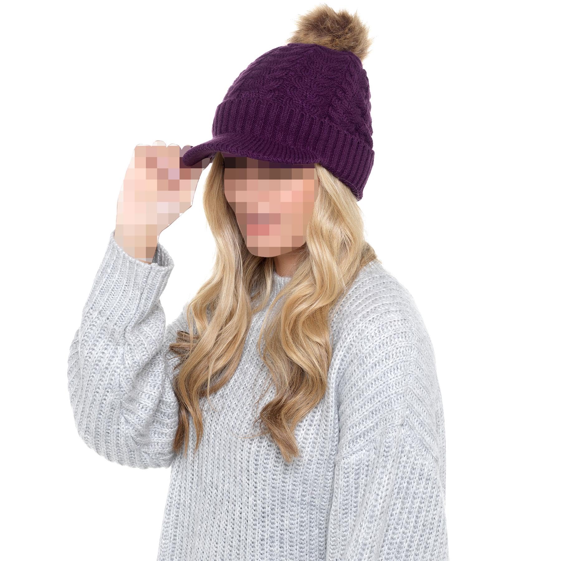 A2Z Ladies Hat Cable Knitted Peaked Sherpa Lined Detachable Faux Fur Pom - Hat LH873 Purple One Size