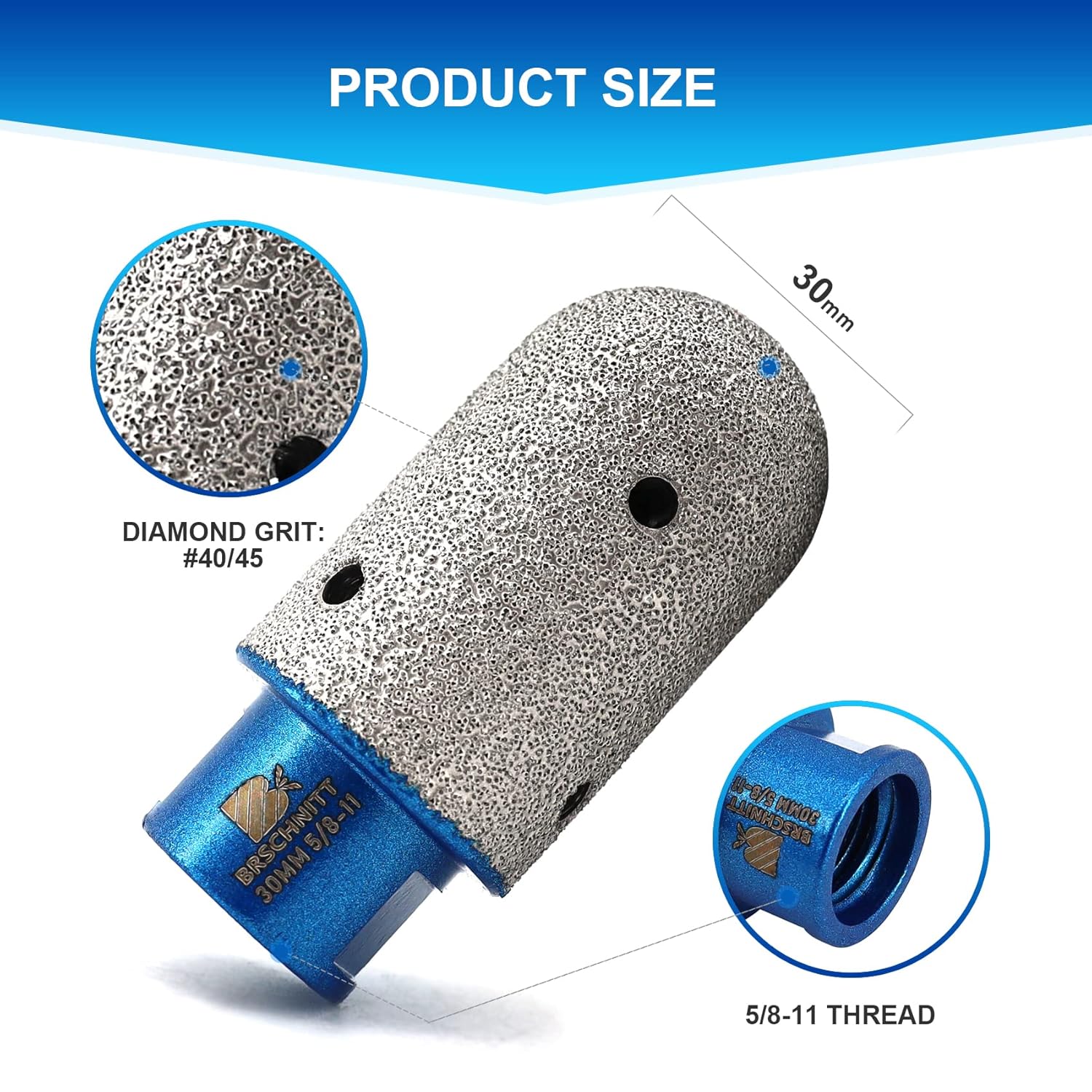 Diamond Finger Milling Bits - BRSCHNITT 1-3/16" Dry Core Drill Bit for Enlarging Shaping Existing Holes of Porcelain,Hard Ceramic,Granite,Marble Diamond Hole Saw with 5/8-11 Thread (30mm) Blue