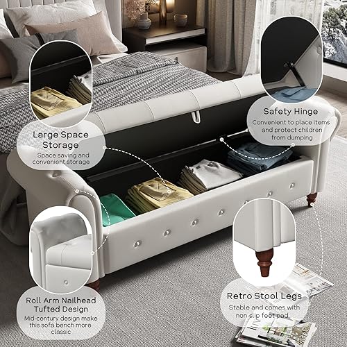 Miniatura 3 de NIOIIKIT Banco otomano de almacenamiento de 63 pulgadas, banco de entrada con botones al final de la cama, sofá otomano armado enrollado para Beige