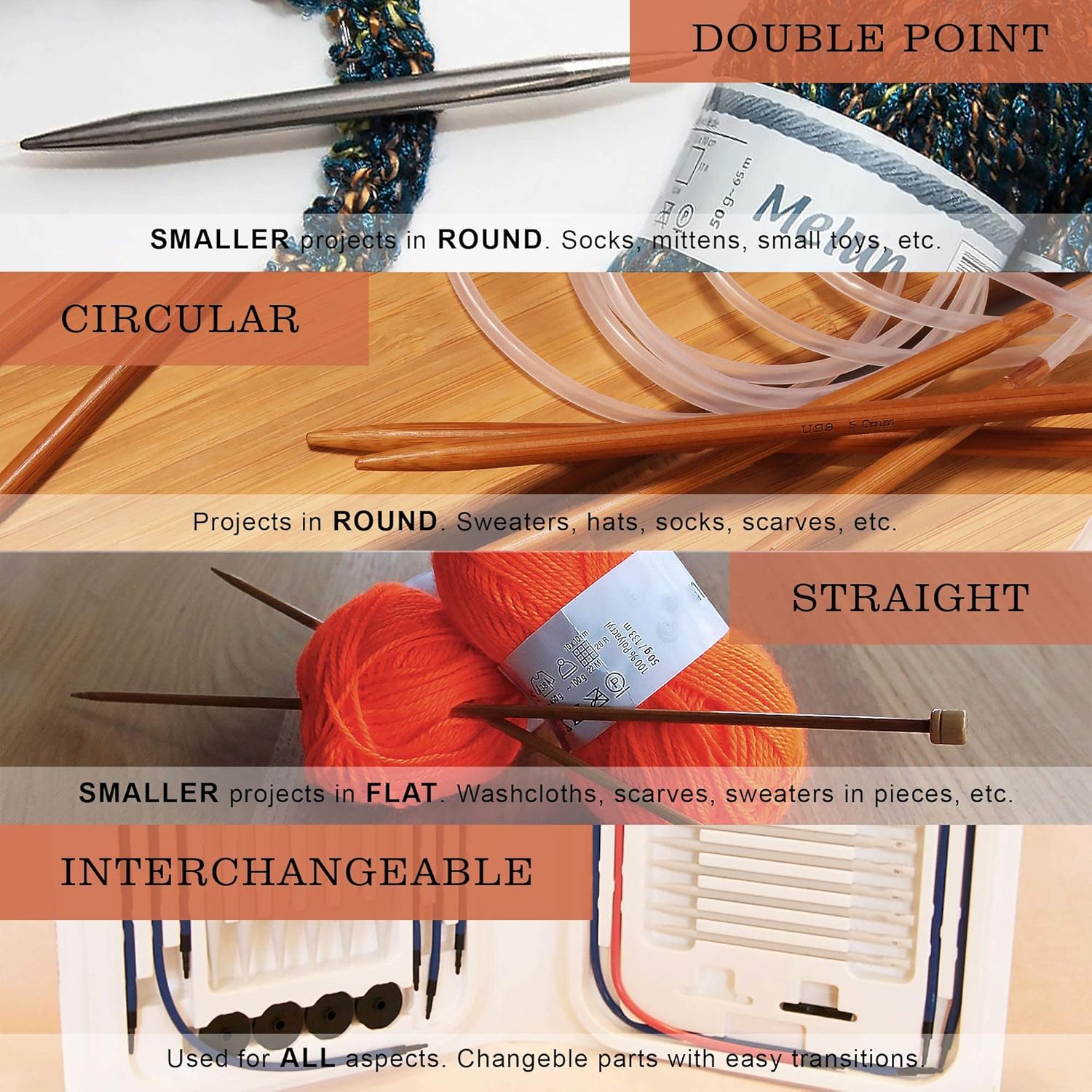 JubileeYarn 9" Single Point Bamboo Knitting Needles Set | 15 Sizes: 2mm-10mm | Carbonized Brown