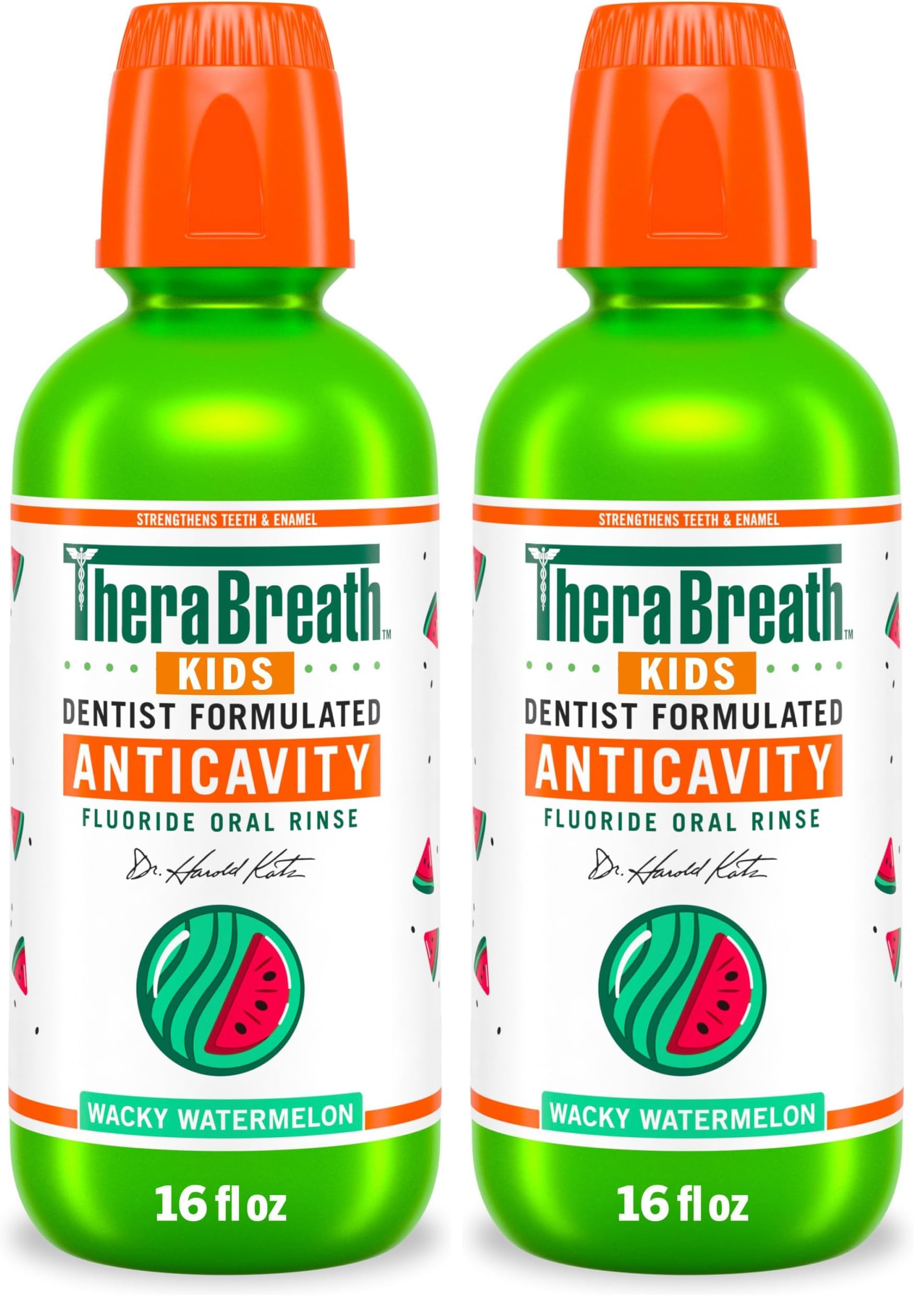 TheraBreath Kids Organic Wacky Watermelon Mouthwash with Fluoride, Anticavity, Dentist Formulated, 16 Fl Oz (Pack of 2)