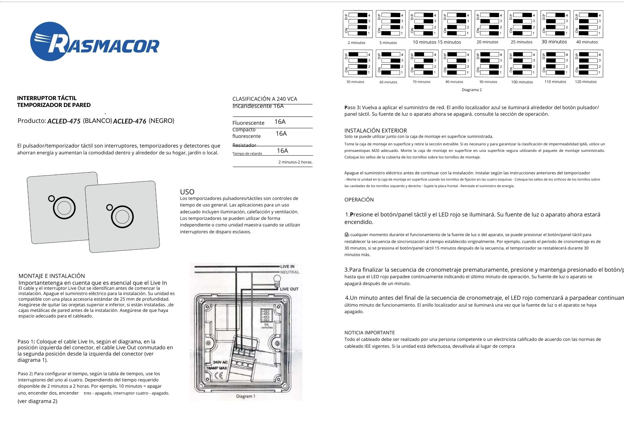 RASMACOR Minuteur Mural Tactile LED IP66, pour intérieur et extérieur, 16 Niveaux de réglage du Temps, 16 A, 230 V, durée réglable de 2 à 120 Minutes, Installation Facile (Noir)