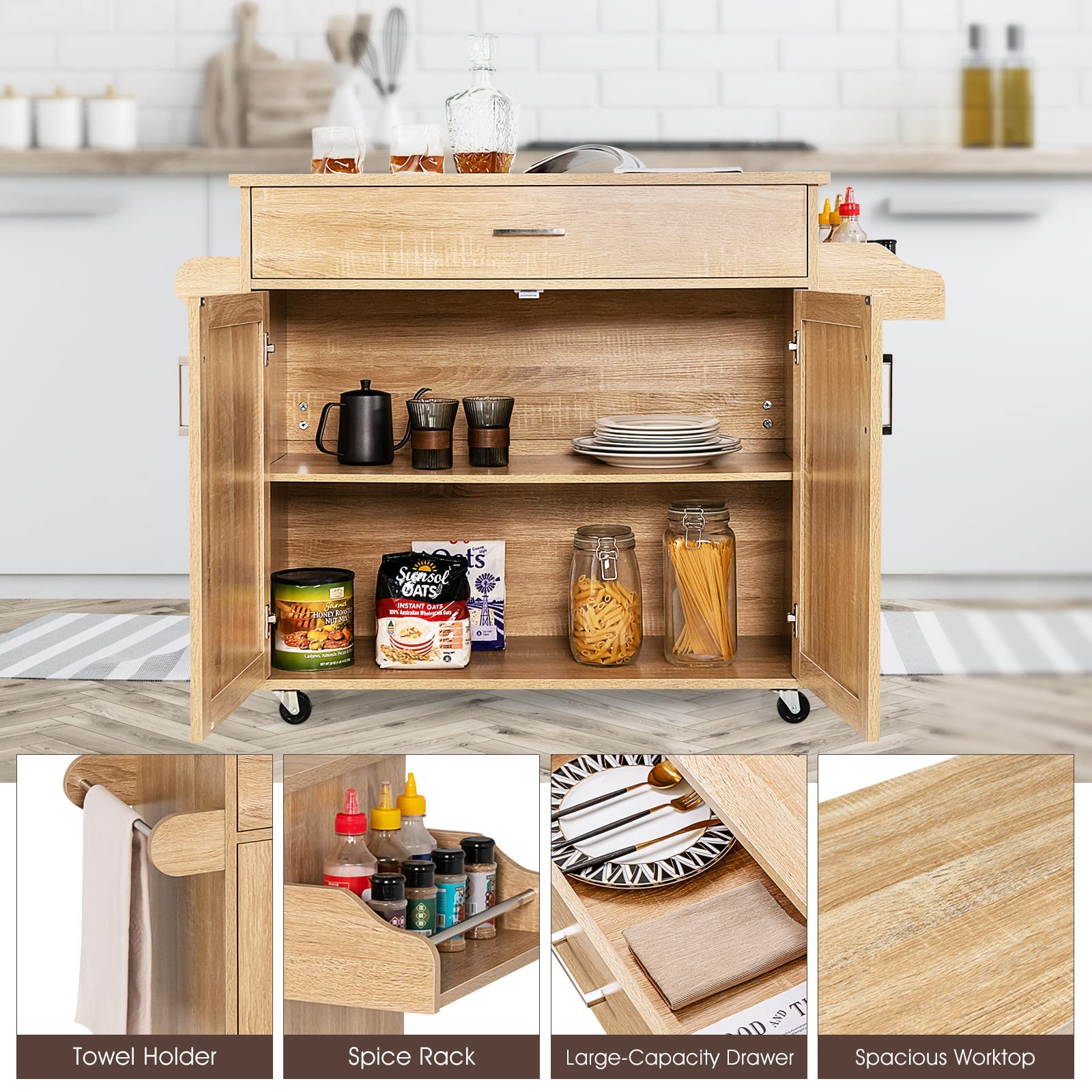 RELAX4LIFE Carro de cocina grande con ruedas correderas con frenos de pedales, carro de servicio de madera barnizada con armario y cajones espaciosos, 136 x 76 x 91 cm (natural)