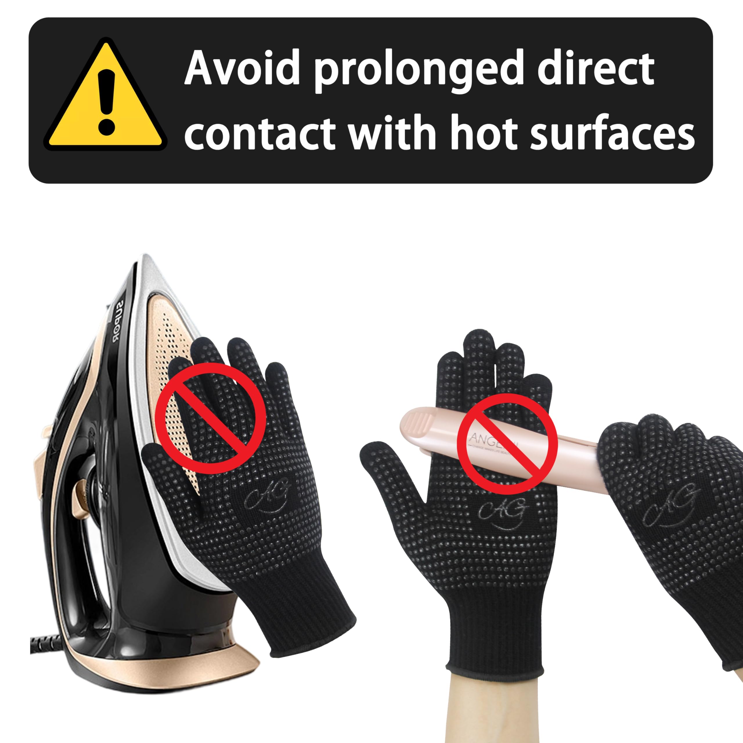 ANGENIL Gants thermorésistants pour lisseur, antidérapants double face avec picots en silicone, pour coiffage, fers à boucler et lisseurs, lot de 2, noirs