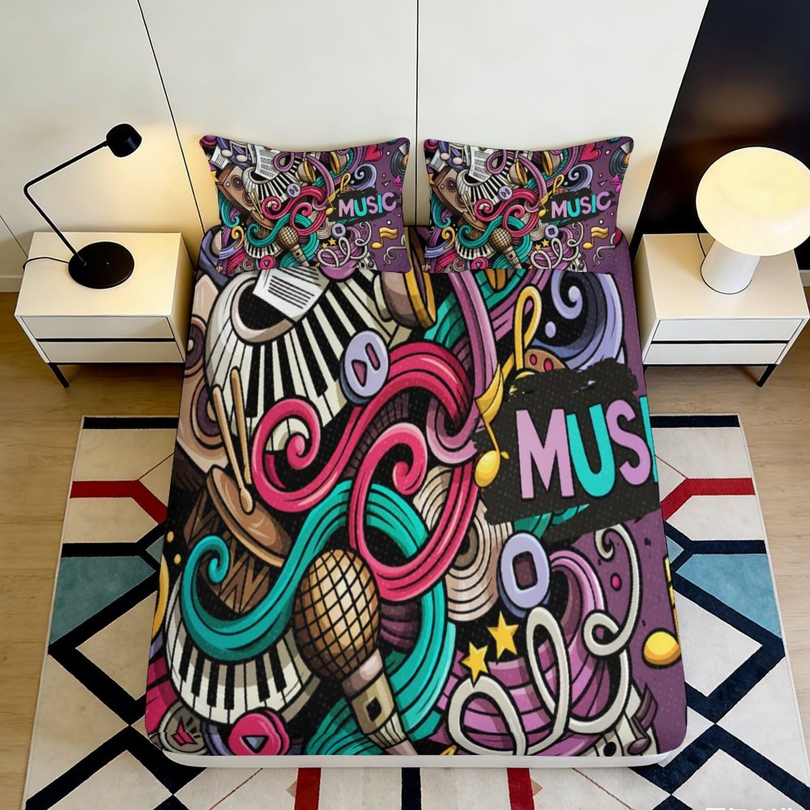 3D Printed Graffiti Music Fitted Sheet Microfiber Elastic Hem Deep Pocket Artistic Music Mattress Fitted Cover for Bedroom Bedding 90x200x25cm