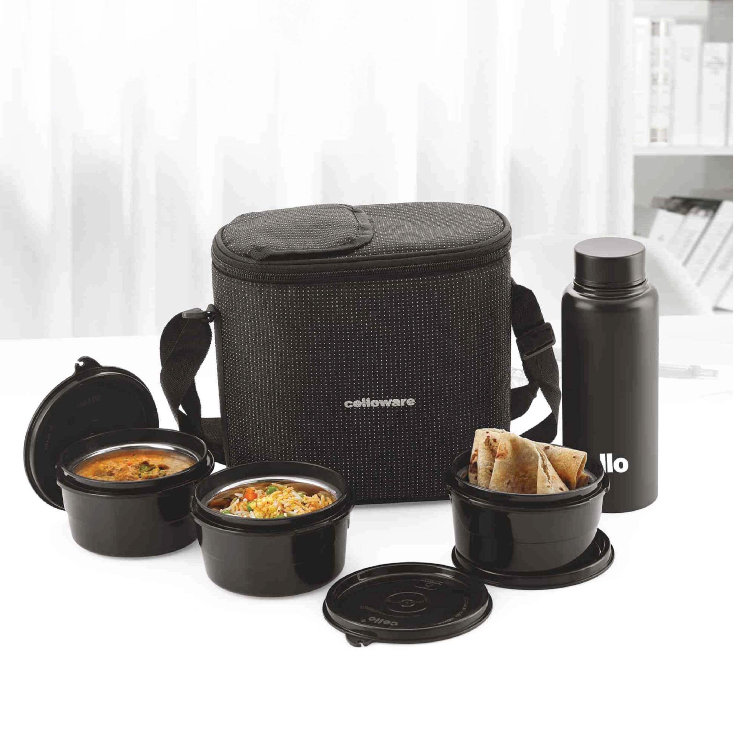 CELLO MF Alfa Stainless Steel Lunch Box Case Set with Bag for Office Use Black | 3 x 375ml Microwave Safe Steel Round Container, 1 x 800ml Steel Water Bottle | Air Tight Rustproof Leakproof Lunch Box