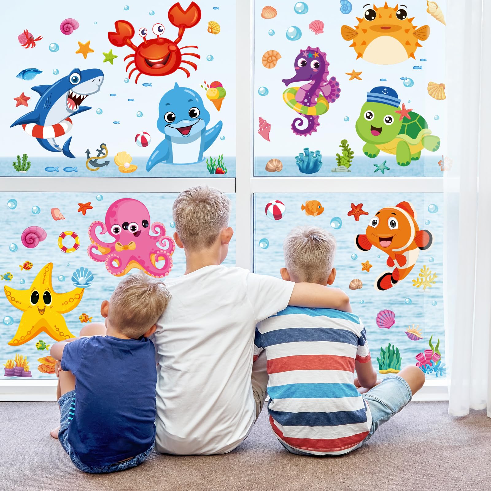 Whaline 193Pcs Ocean Animal Window Clings Summer Under The Sea Window Decor Cute Sea Life Double-Sided for School Home Office Decor Under The Sea Party Supplies,9 Sheet