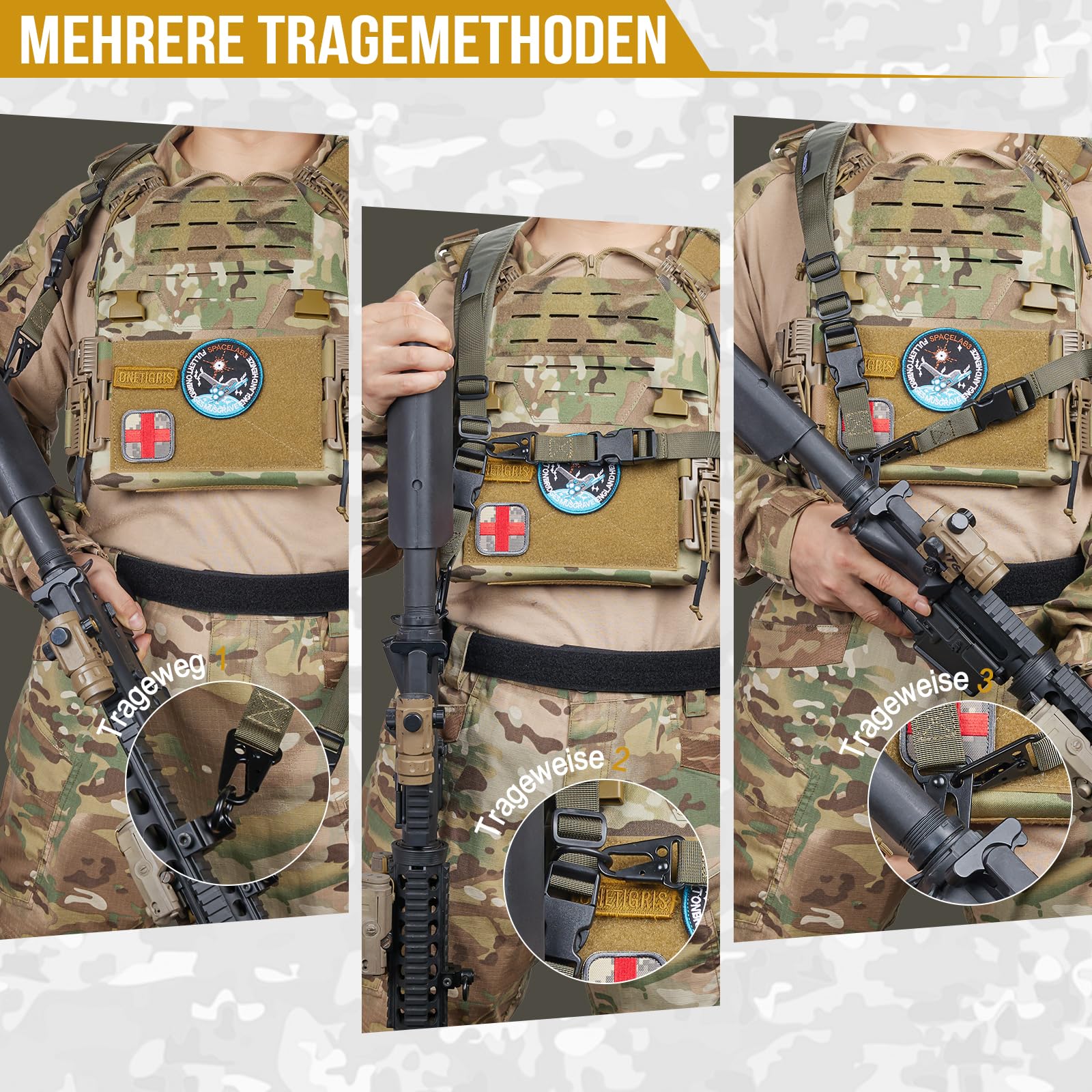OneTigris 2 Punkt Gewehrriemen, 1 Zoll breiter Sling Riemen mit austauschbaren Karabinerhaken im HK-Stil, einstellbare Länge von 46 Zoll - 68,5 Zoll