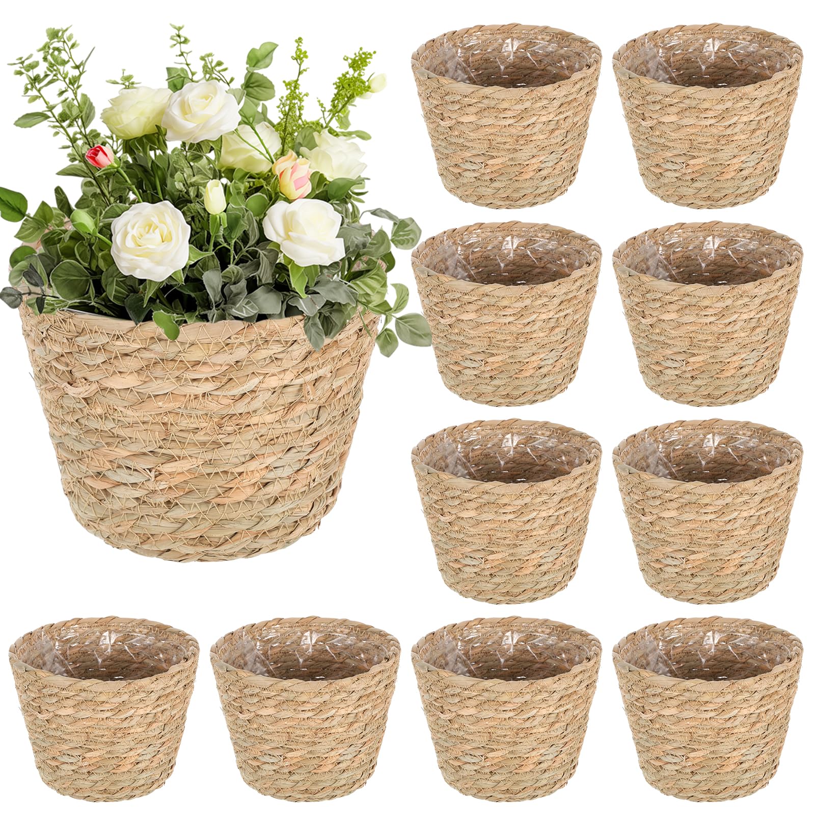 Photo 1 of 10 PCS Seagrass Plant Baskets with Plastic Liners, Woven Planter Basket Set for Indoor and Outdoor Plants, Wicker Flower Pot Covers Plant Container sand Storage Baskets for Home and Farmhouse Decor