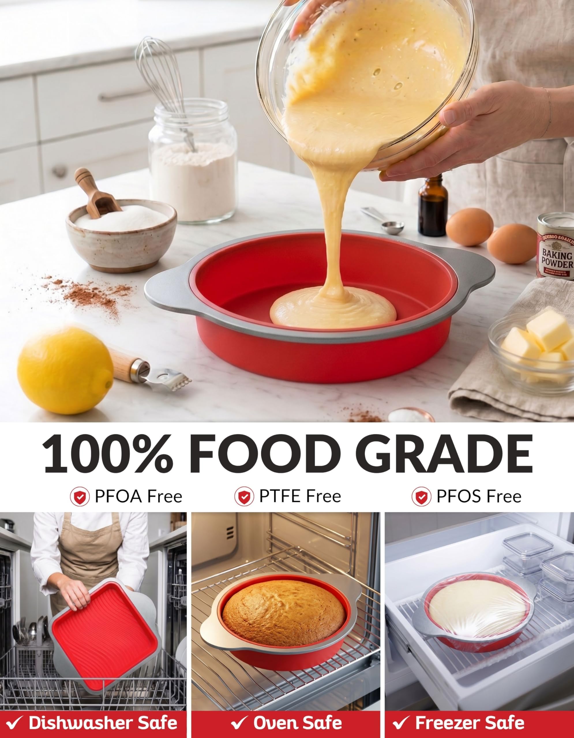 Boxiki Kitchen Moule à Gâteau Rond en Silicone avec Revêtement Antiadhésif de 22,9 cm de avec des Poignées en Cadre en Acier - Parfait pour Cuire des Gâteaux Ronds Délicieux.