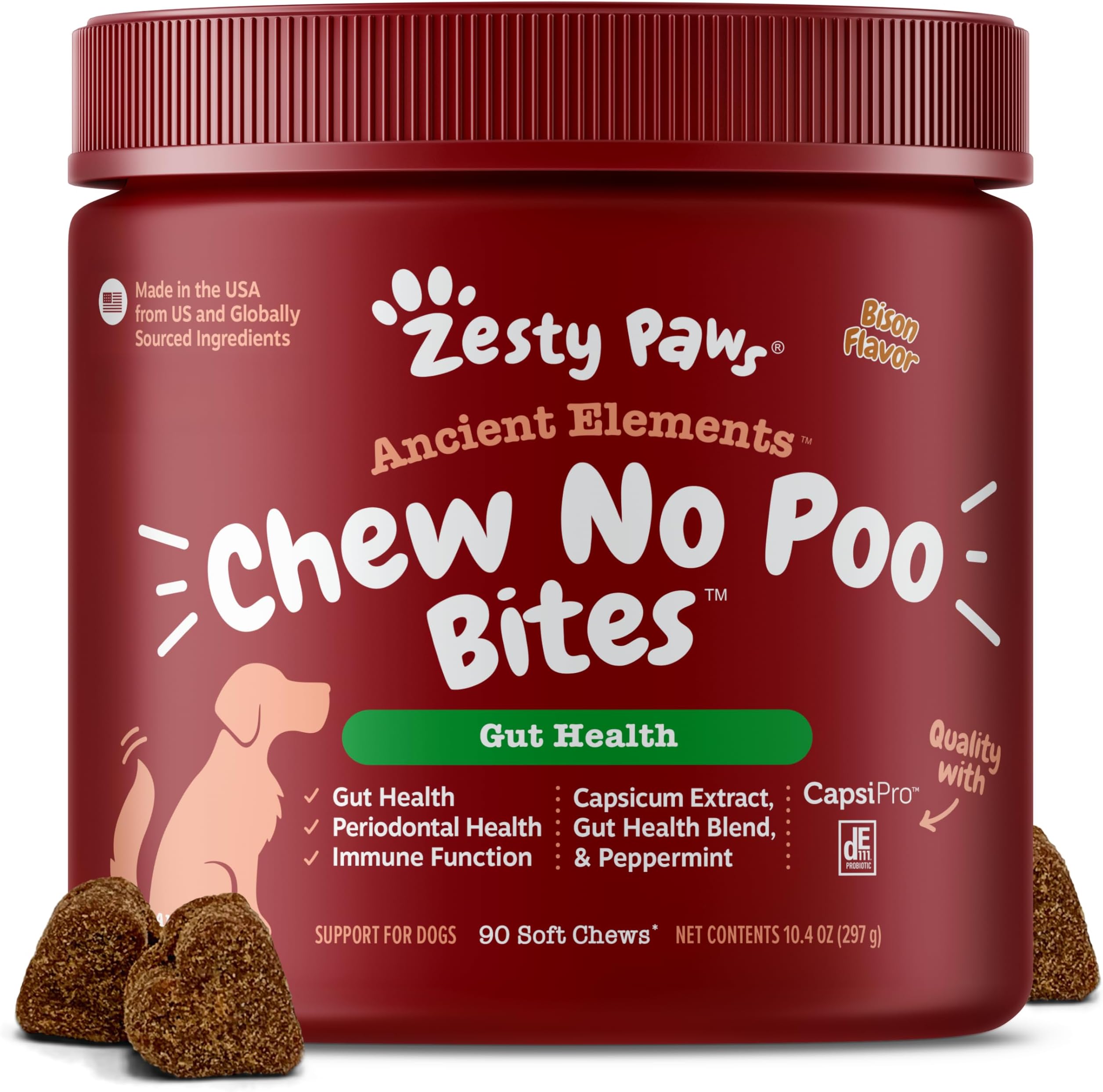 Chew No Poo Bites for Dogs - Stool Eating Deterrent Soft Chews for Dogs - Gut, Periodontal & Immune System Support - Premium DE111 Bacillus subtilis Probiotic - AE Bison - 90 Count