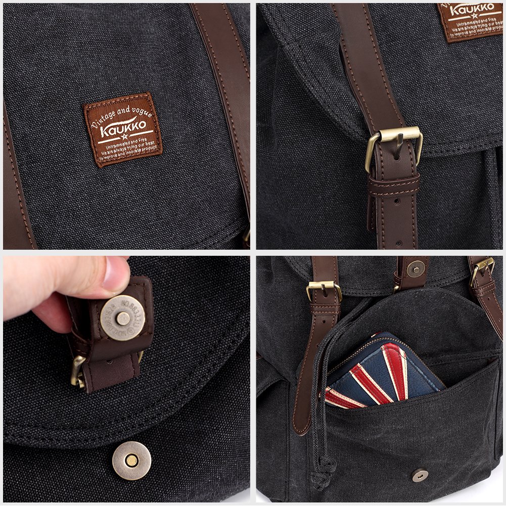 KAUKKO Lona Mochila de Ocio Bolso del Ordenador portátil Colegial Bolsa de Estudiante Paquete de Deportes al Aire Libre para Hacer Senderismo/Viajar/Acampar (Negro)