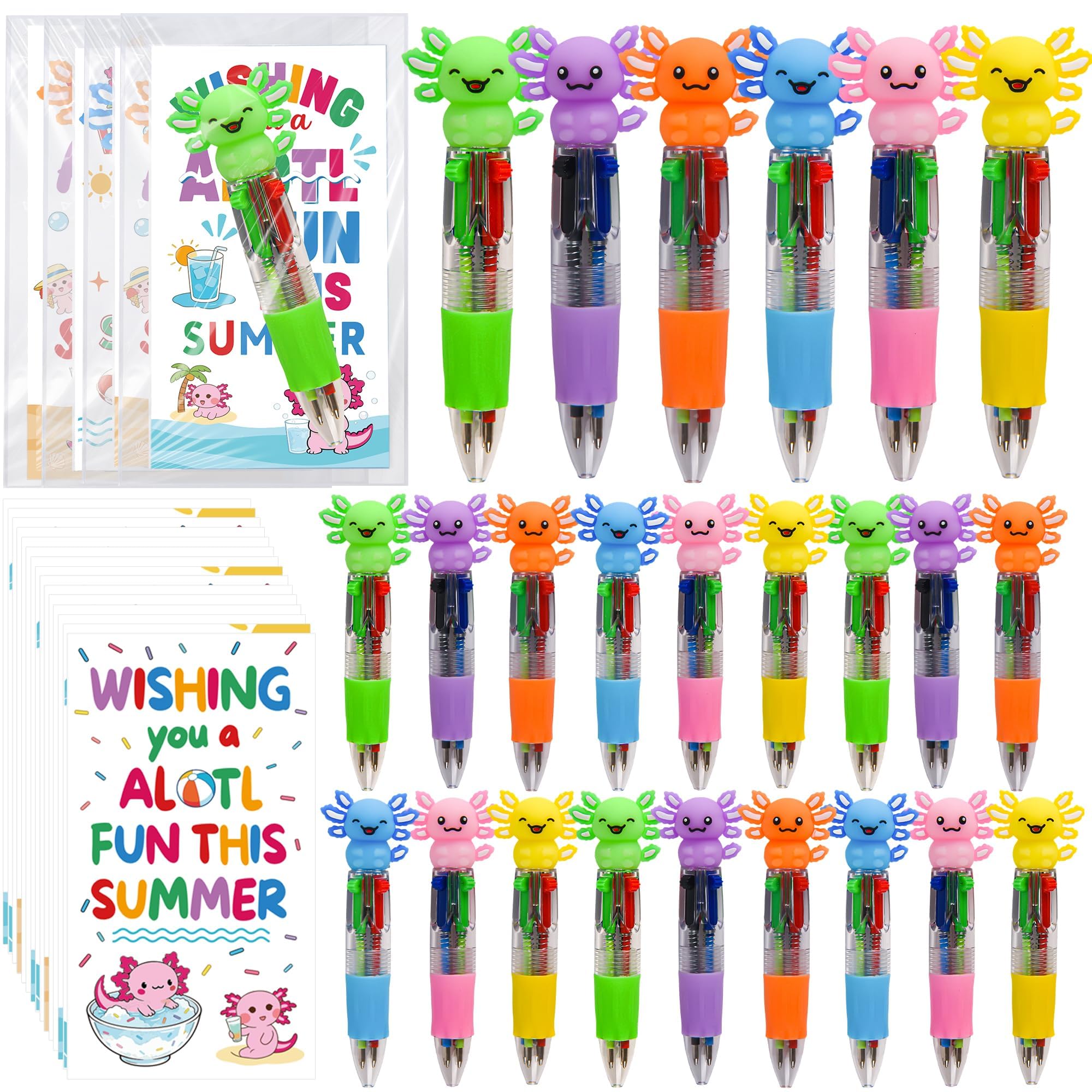 24pcs Axolotl 4-in-1 Multicolor Pens Bulk Set, Cute Writing Stationery for End of Year Student Gifts, Axolotl Party Favors, Goodie Bag Stuffers, 2026 Kawaii Classroom Reward and Gift Set