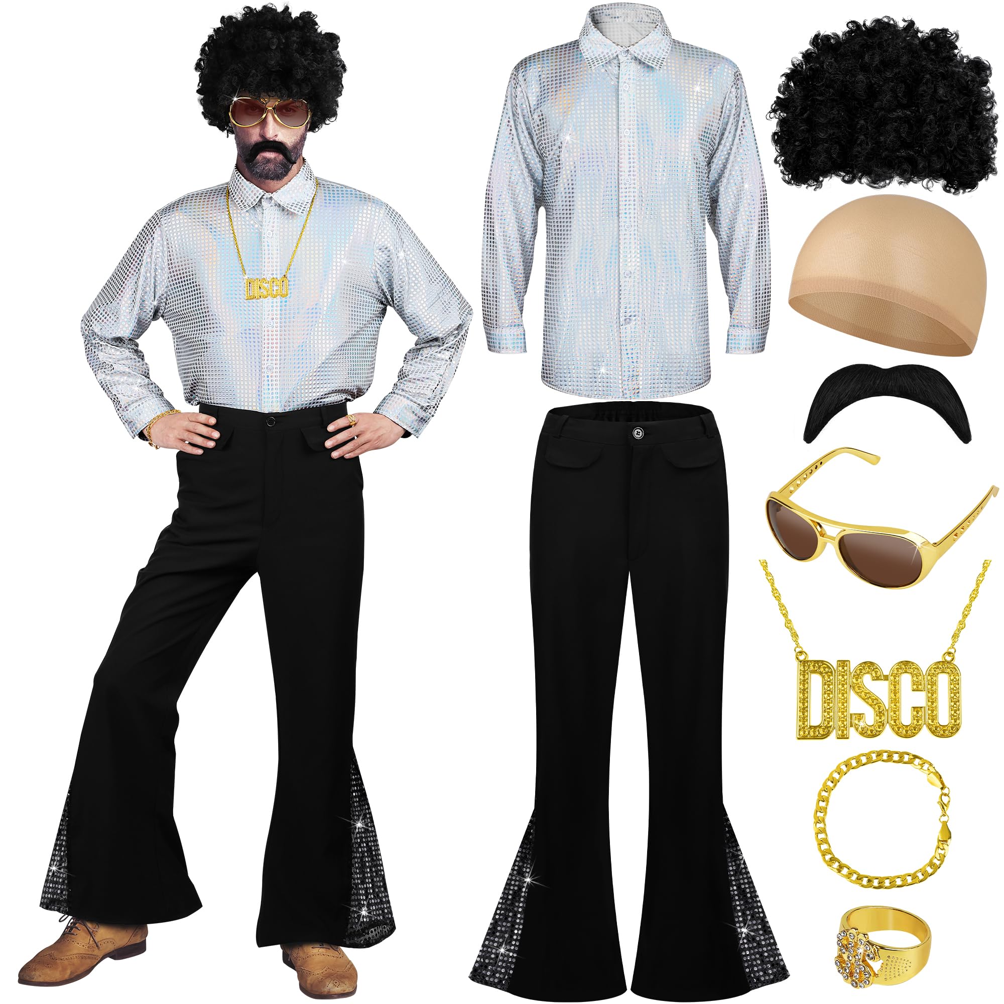 SOMSOC 9 Pieces Men's 70s Disco Costume Disco Sequin Shirts Pants Wigs Necklace Beard Ring Sunglasses Halloween 70s Outfit