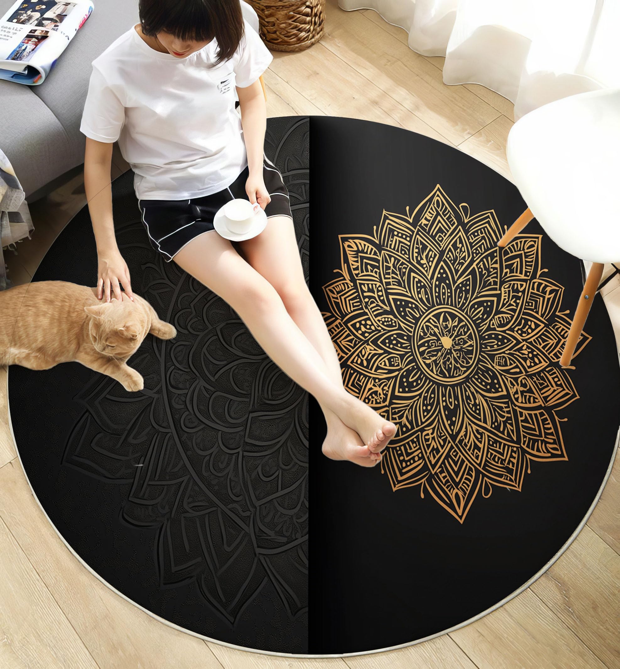 3D-Effekt Teppich Rund, 100cm Kurzflor rutschfest Teppiche Mandala Teppich Runder for Wohnzimmer Schlafzimmer Studie Heimbüro Pflegeleicht, Schwarz