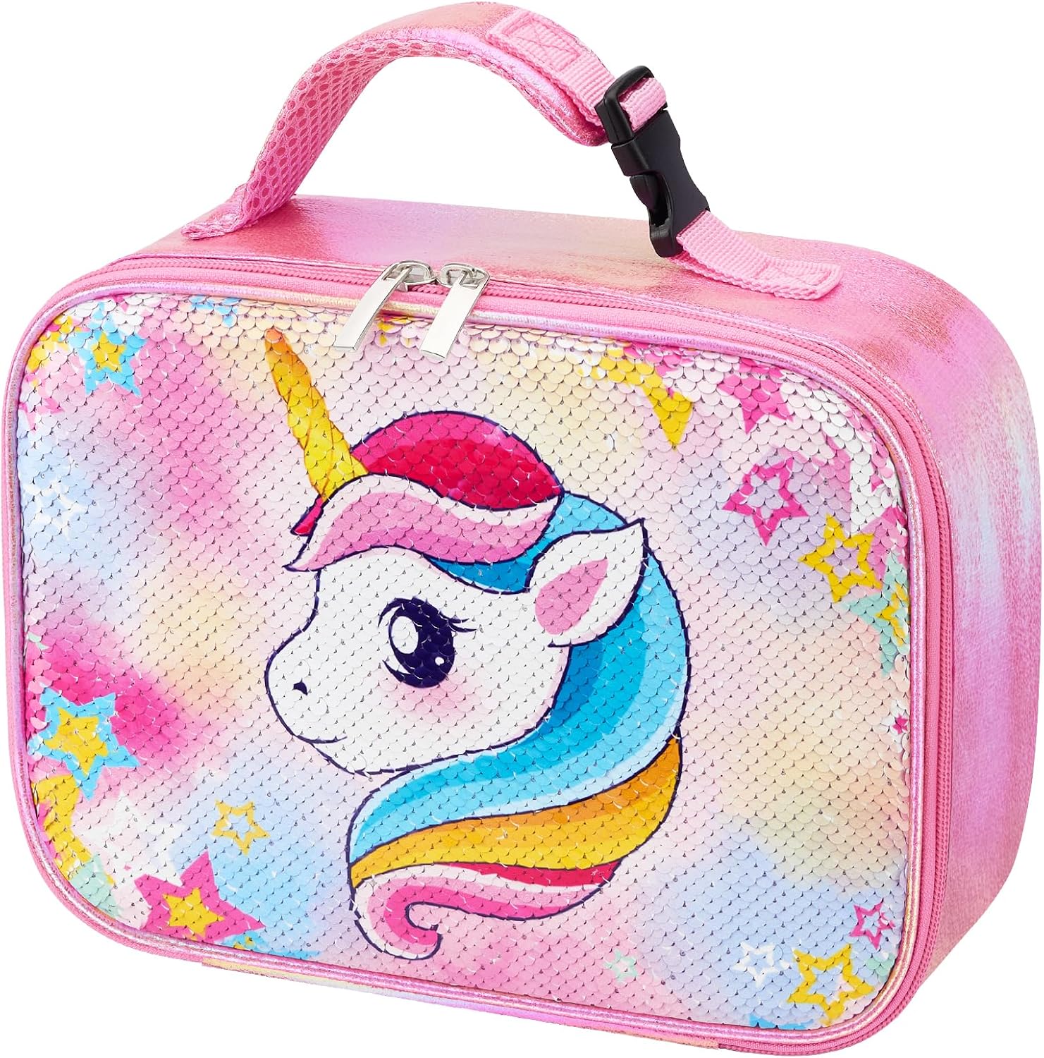 WAWSAM Girls Pink Lunch Bag - Sequin Bento Lunch Box for Kids - Reusable Back to School Preschool Kindergarten Elementary Lunchbox - Insulated Thermal Lunch Tote Box - Picnic
