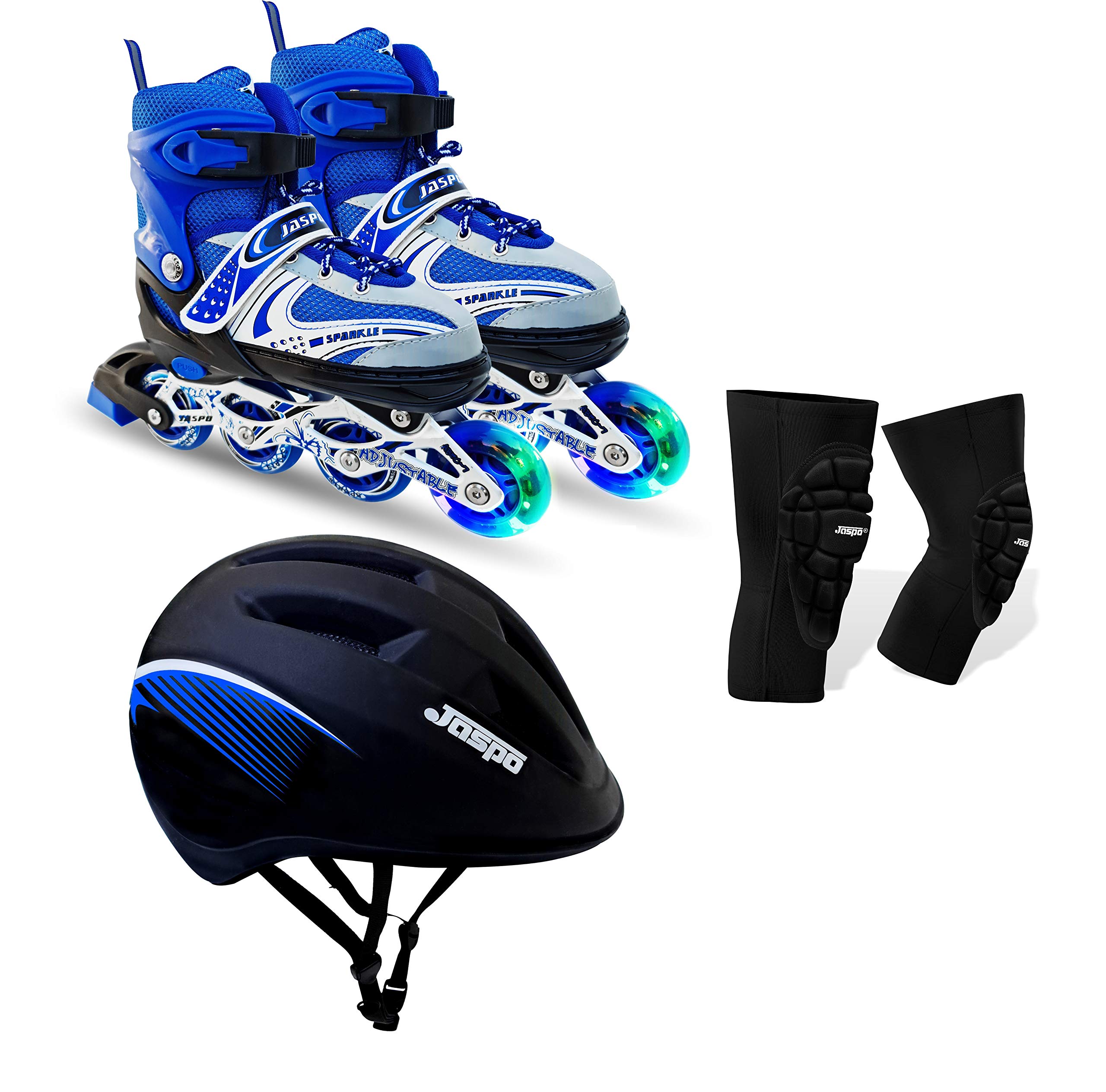 JASPO Sparkle Eco Adjustable Inline Skates Combo with Front Light up Wheels Beginners Skates Fun Illuminating Roller Skates for All Boys and Girls (Blue, Small (11-2 UK)) (B07QYMX2BP) Amazon Price History, Amazon Price Tracker