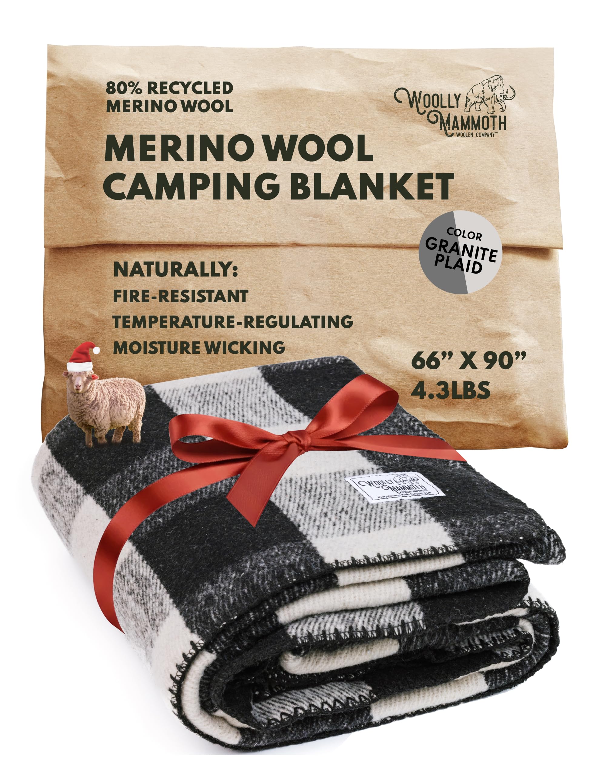 woolly mammoth woolen company camping blankets - 66 x 90 in, black & cream plaid - merino wool throw & outdoor backpacking blanket for picnic & travel