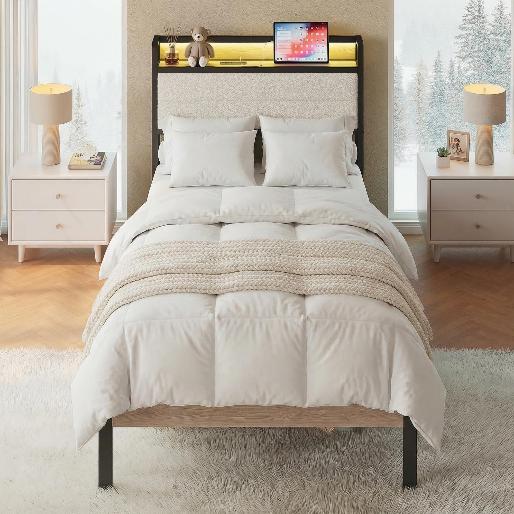 LIKIMIO Twin XL Bed Frame with Storage Headboard and LED Lights, Metal Platform Bed with Charging Station, Noise Free, No Box Spring Needed, Under Bed