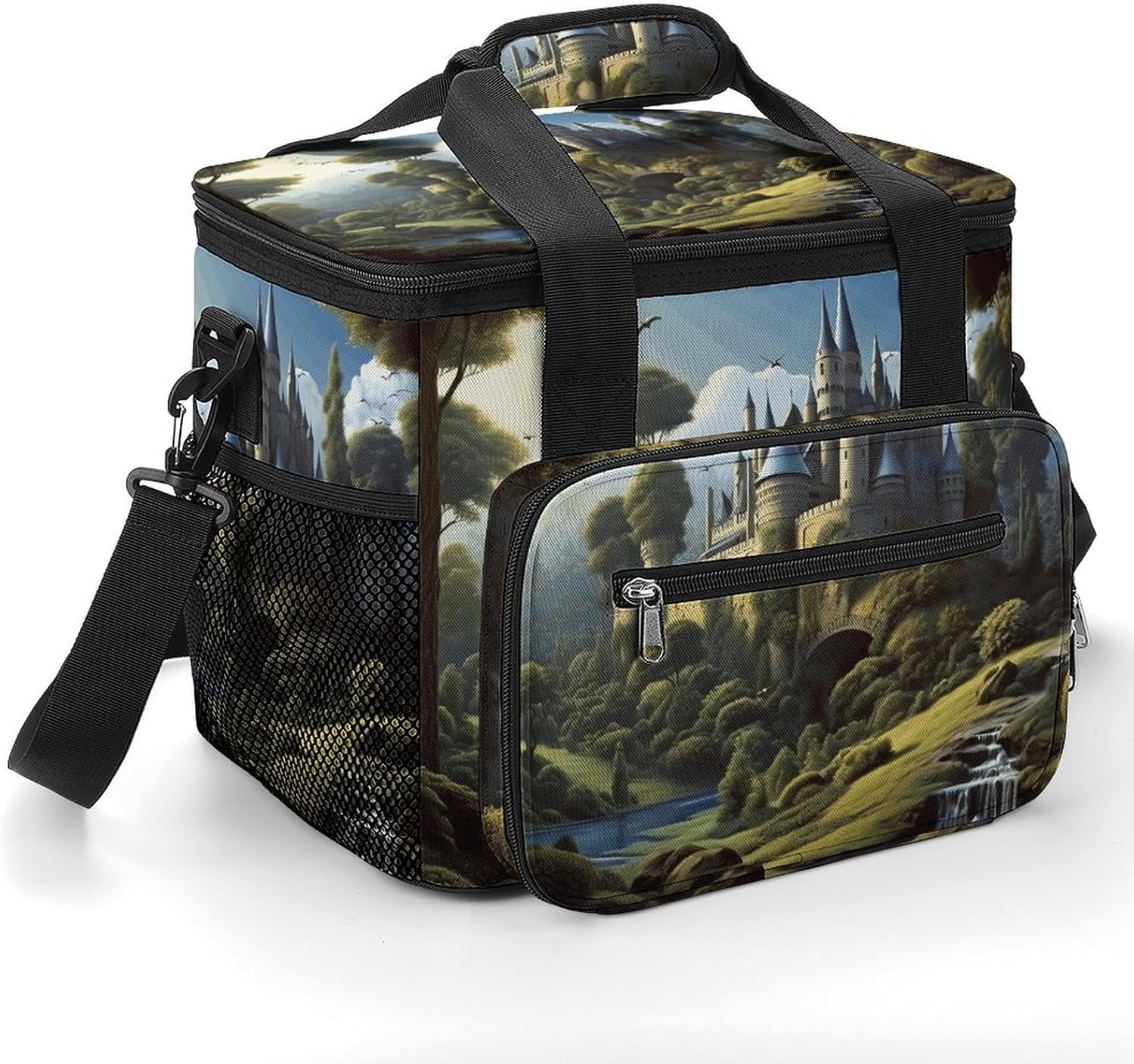 Camping Ice Pack, Woods and Castle Print Cooler Bag, 22.5L Large Capacity Insulated Lunch Tote Bag for Outdoor, Picnic, BBQ, Travel, Work