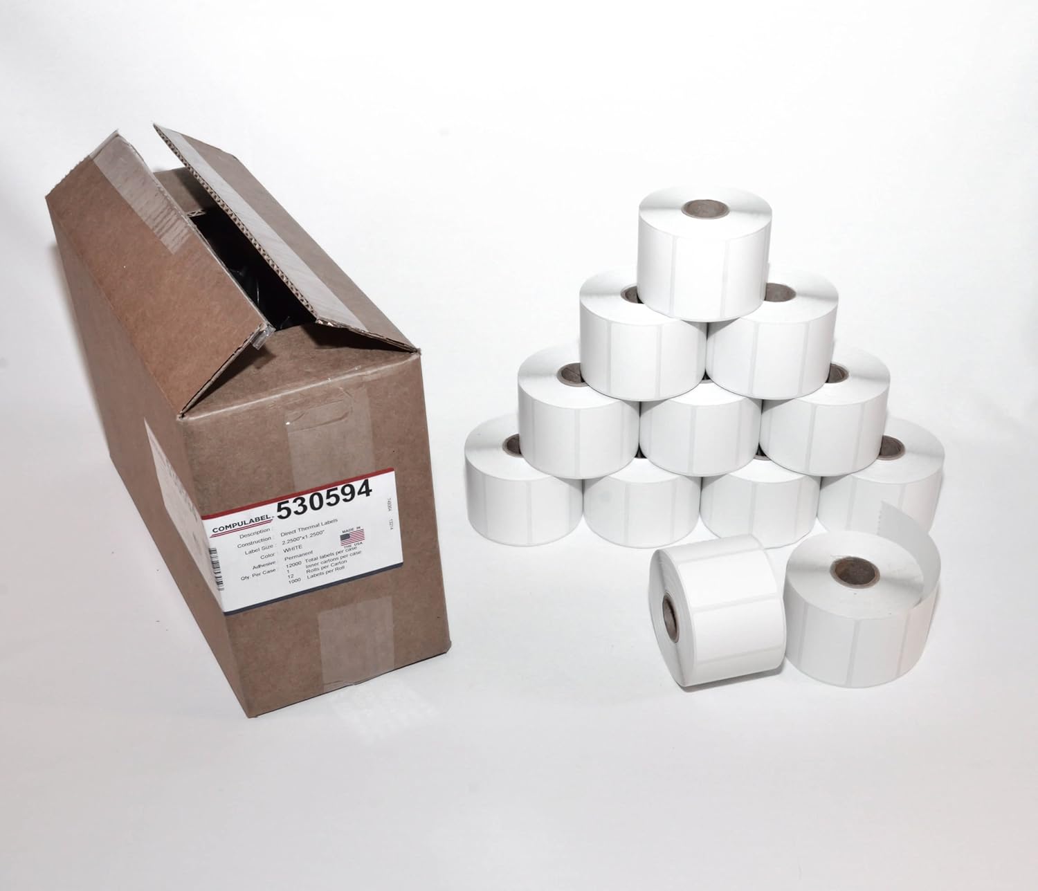 CompuLabel Direct Thermal Labels, 2 1/4 x 1 1/4 Inch, White, Roll, Permanent Adhesive, Perforations Between Labels, 1000 per Roll,12 Rolls per Carton (530594) : Shipping Labels : Office Products