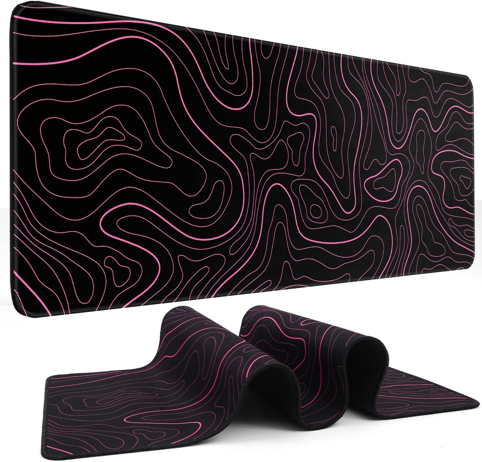 Mouse Pad Gaming Mousepad 31.5 x 11.8 in Large Mouse Pad for Keyboard and Mouse with Anti-Slip Rubber Base, Keyboard Pad XL Mouse Mat for Home and Office(Black with Red Topographic Line)