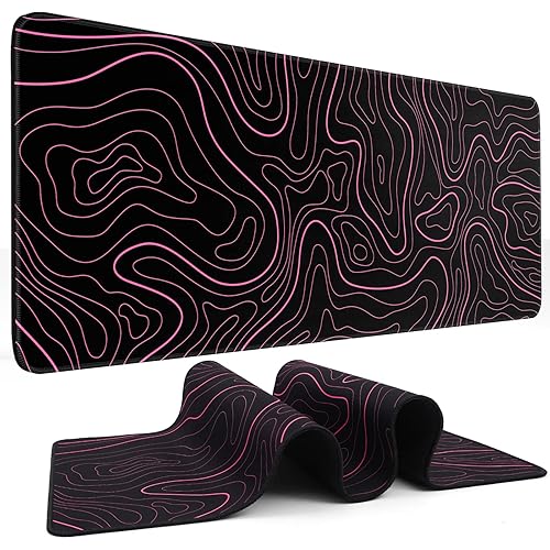 Mouse Pad Gaming Mousepad 31.5 x 11.8 in Large Mouse Pad for Keyboard and Mouse with Anti-Slip Rubber Base, Keyboard Pad XL Mouse Mat for Home and Office(Black with Red Topographic Line)