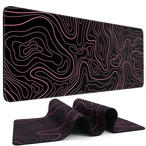Gaming Mousepad 31.5 x 11.8 in Large Mouse Pad for Keyboard and Mouse with Anti-Slip Rubber Base, Keyboard Pad XL Mouse Mat for Home and Office(Black with Red Topographic Line) - Black with Red Topographic Line