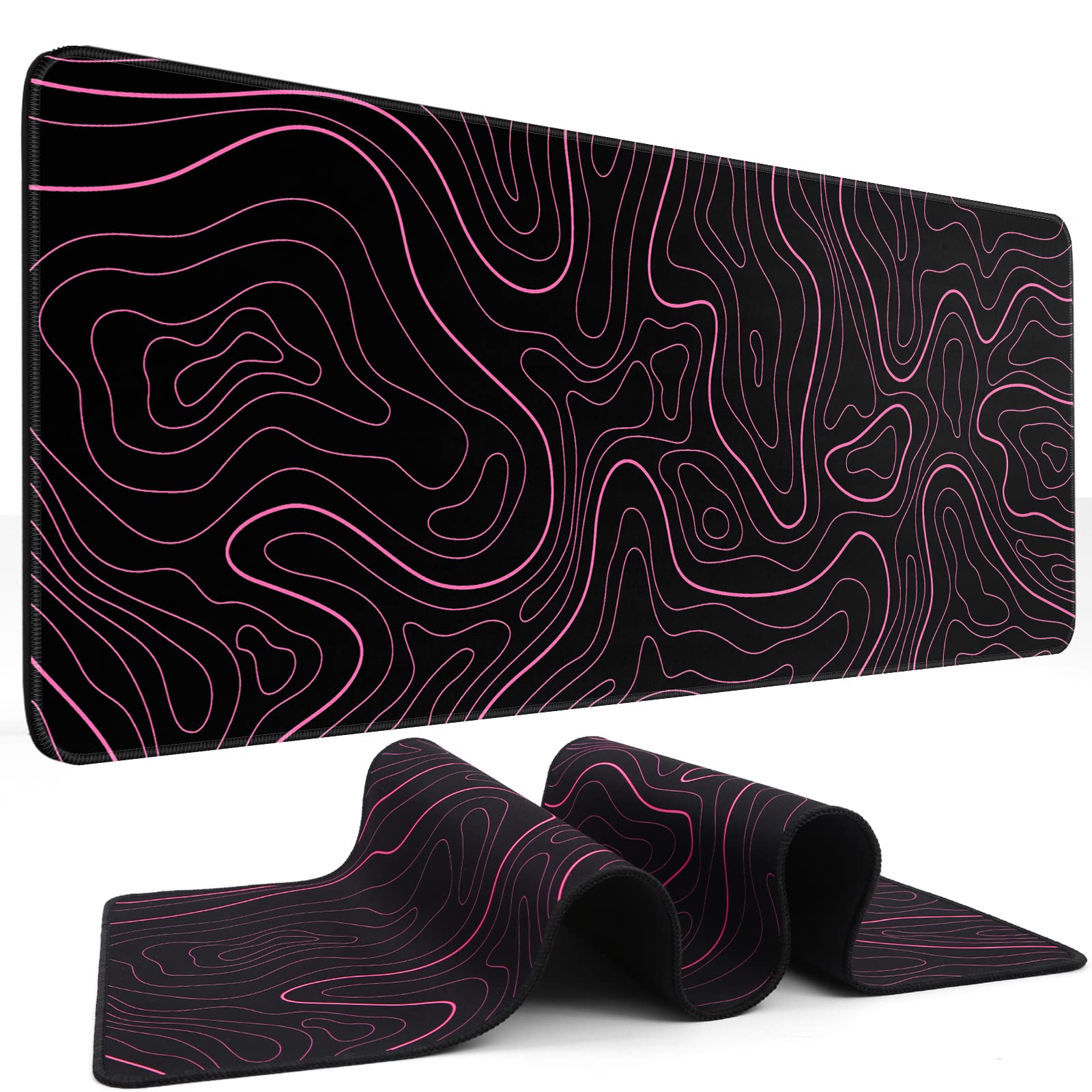 Mouse Pad Gaming Mousepad 31.5 x 11.8 in Large Mouse Pad for Keyboard and Mouse with Anti-Slip Rubber Base, Keyboard Pad XL Mouse Mat for Home and Office(Black with Red Topographic Line)