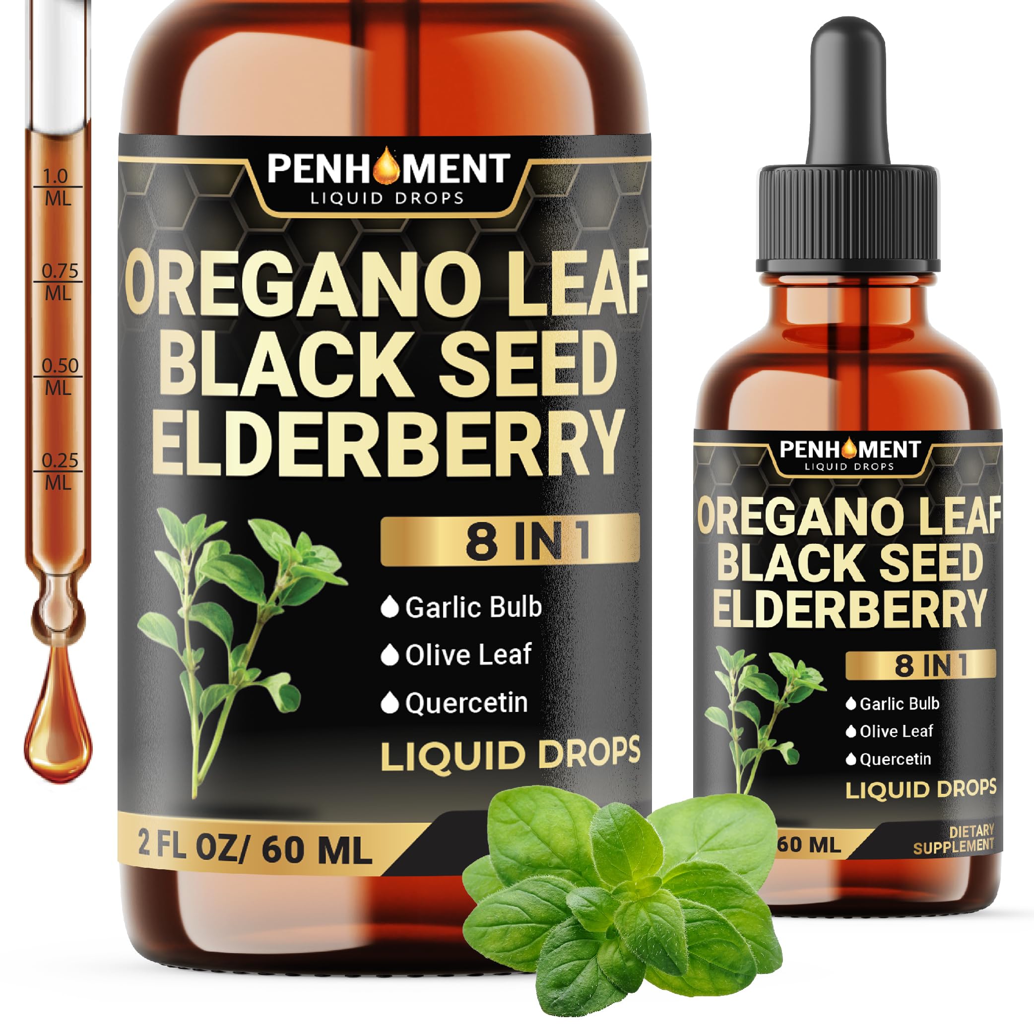 8in1 2900mg Oil of Oregano Drops with Black Seed Oil Liquid | Contains Carvacrol | Garlic, Elderberry, Olive Leaf, Quercetin, Bromelain - 2 Fl Oz