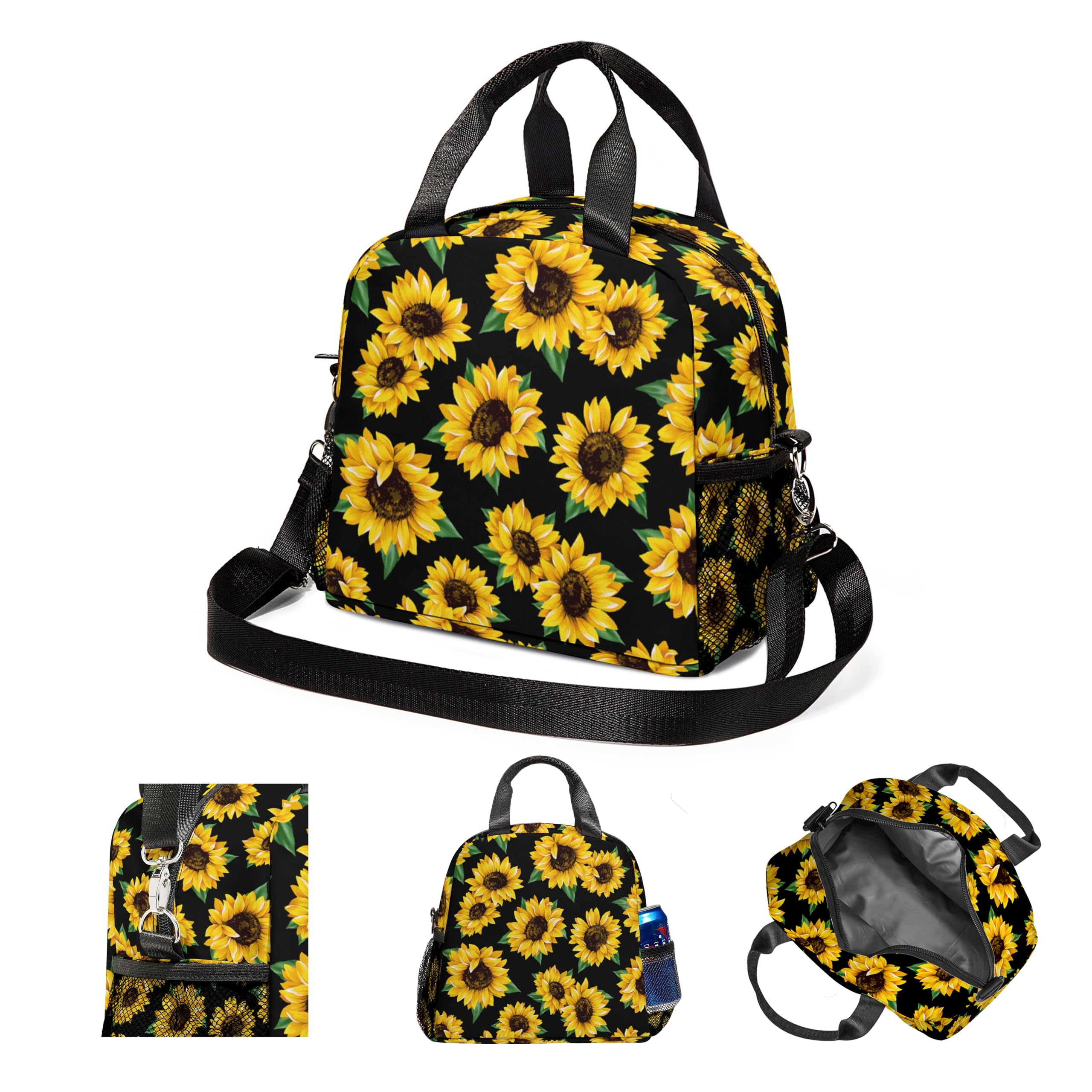 Sunflower Lunch Bag Reusable Insulated Lunch Box Large Capacity Meal Tote for Kids Women Men Cooler Bag Waterproof Adjustable Shoulder Strap Lunch