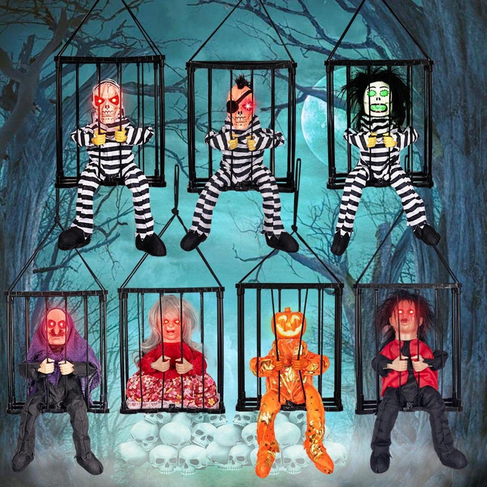 Halloween Hängehorrorfigur Skelett Gefangener Käfig mit Sprechender Dekoration Leuchtende Augen Schreifunktion Pp Material für Hausparty Gartendekorat, Rot-Weiss