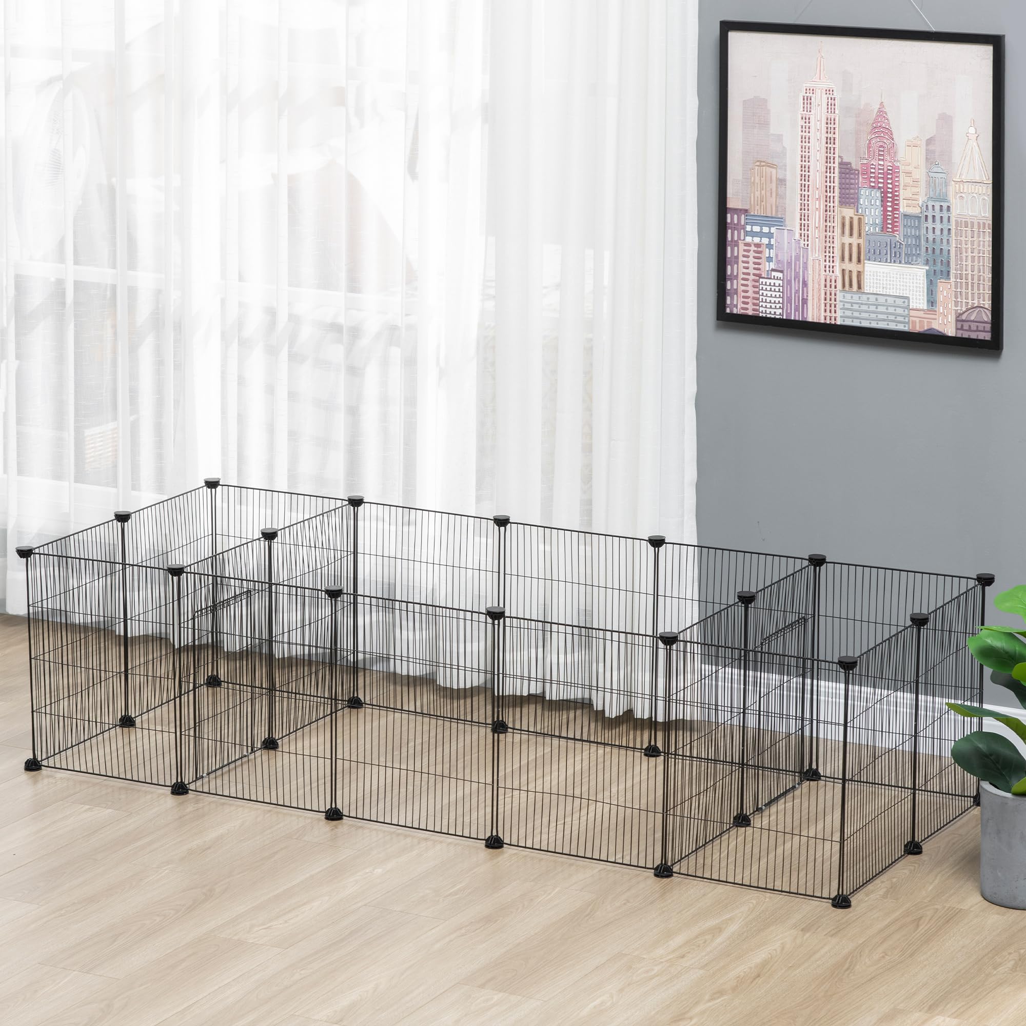 PawHut Freigehege Meerschweinchen Gehege, Kleintiergehege, Freilaufgehege mit 18 Platten, DIY Kleintierkäfig aus Stahlgitter, für Indoor, Outdoor, 175 x 70 x 45 cm, Schwarz