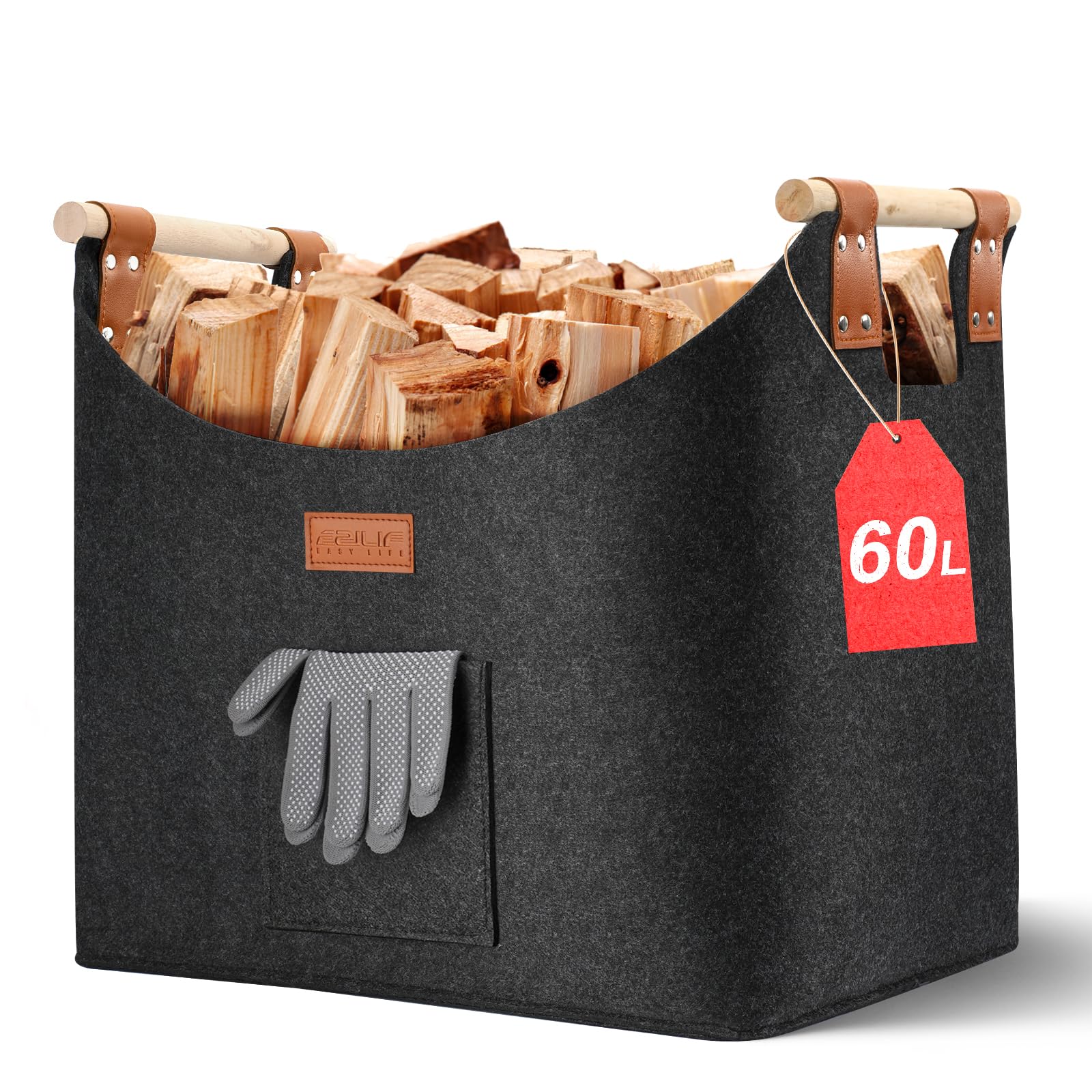 Ezilif Holzkorb für Kaminholz Groß XL, Kaminholzkorb mit Doppelt Verstärkten Leder, 60L Brennholzkorb aus Filz, Filzkorb Kaminholz mit Fronttasche, Faltbarer Korb für Kaminholz 45x32x40cm