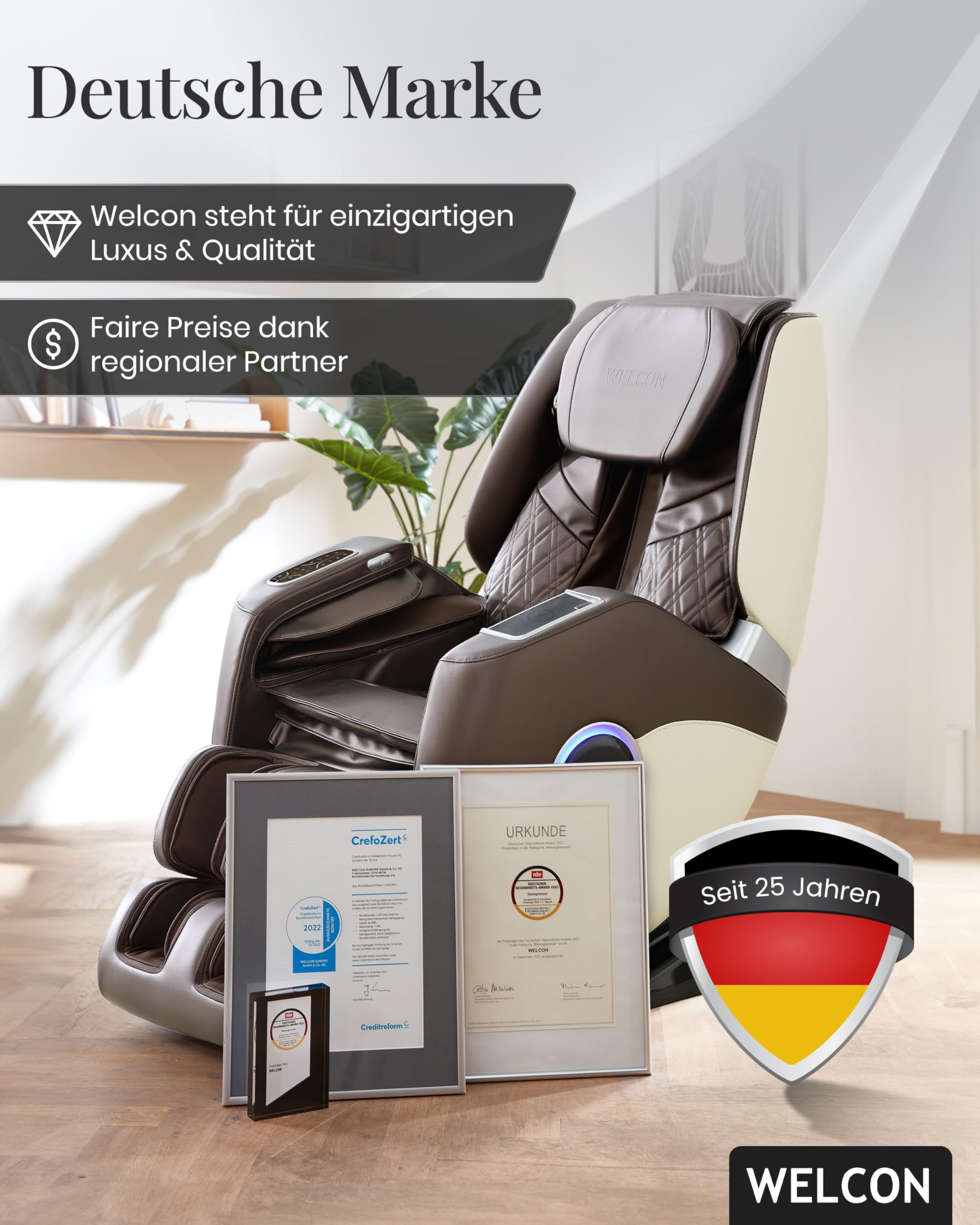 WELCON EASYRELAXX Plus 4D Massagesessel elektrisch Beige-Braun – Zero Gravity Relaxsessel mit Wärmefunktion, induktivem Laden & Ganzkörpermassage